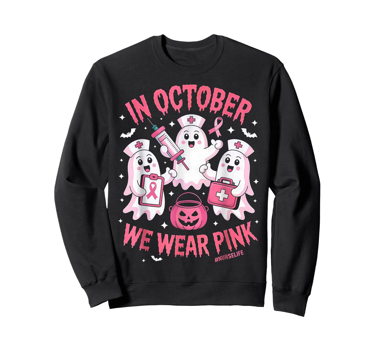 in October We Wear Pink Nurse Ghost Halloween Breast Cancer T-Shirt