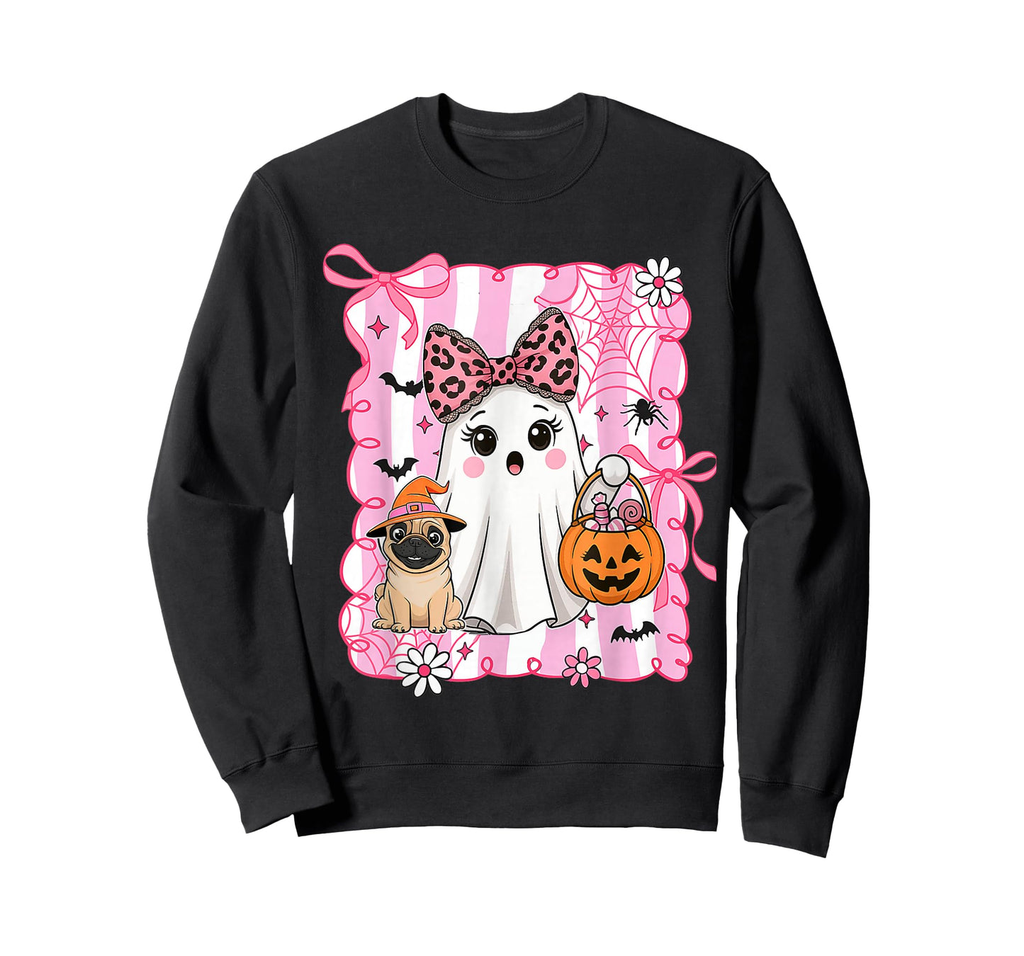 Preppy Spooky Vibes Pink Ghost Dog Halloween Women Girls T-Shirt