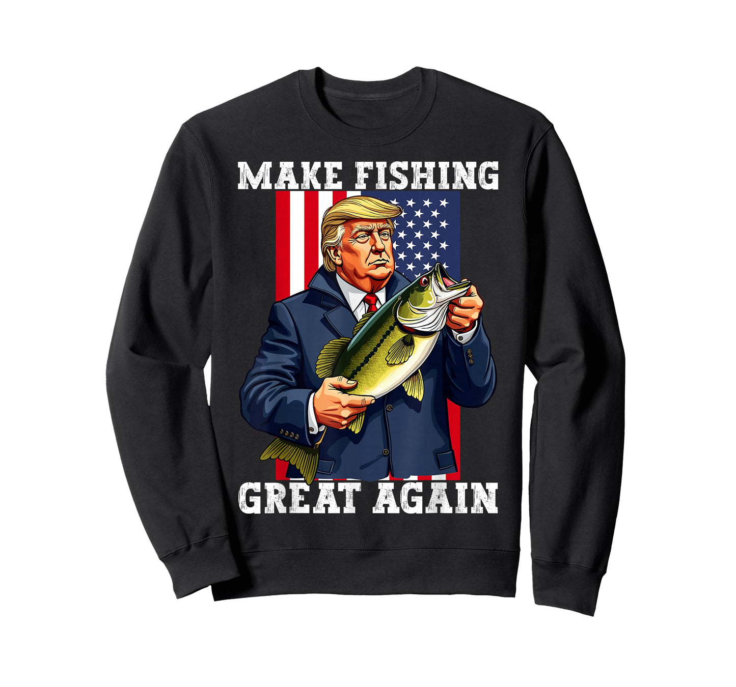 Patriotic Fisherman 'Make Fishing Great Again' Funny Bass Fishing Humor Trump T-Shirt - Black, Unisex-Adults, Short Sleeve, Classic Fit, Cotton Blend, Small