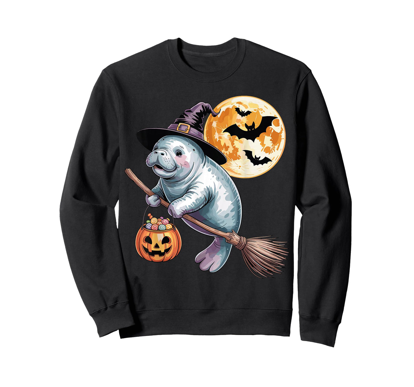 Witch Hat Manatee Riding Broomstick Halloween Pumpkin Candy T-Shirt