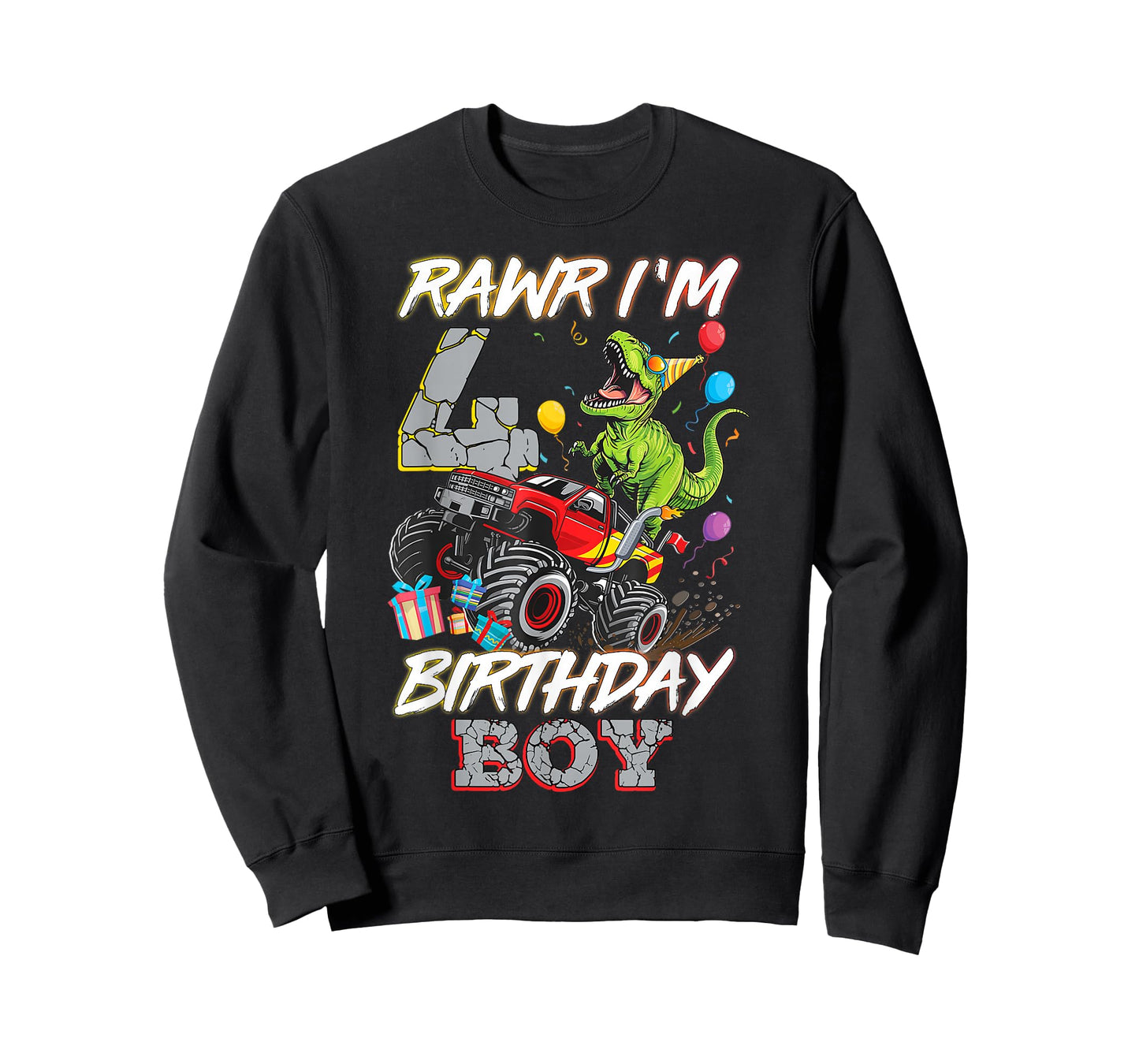 4th Birthday Boy Monster Truck Dinosaur Rawr I'm 4 Year Old T-Shirt