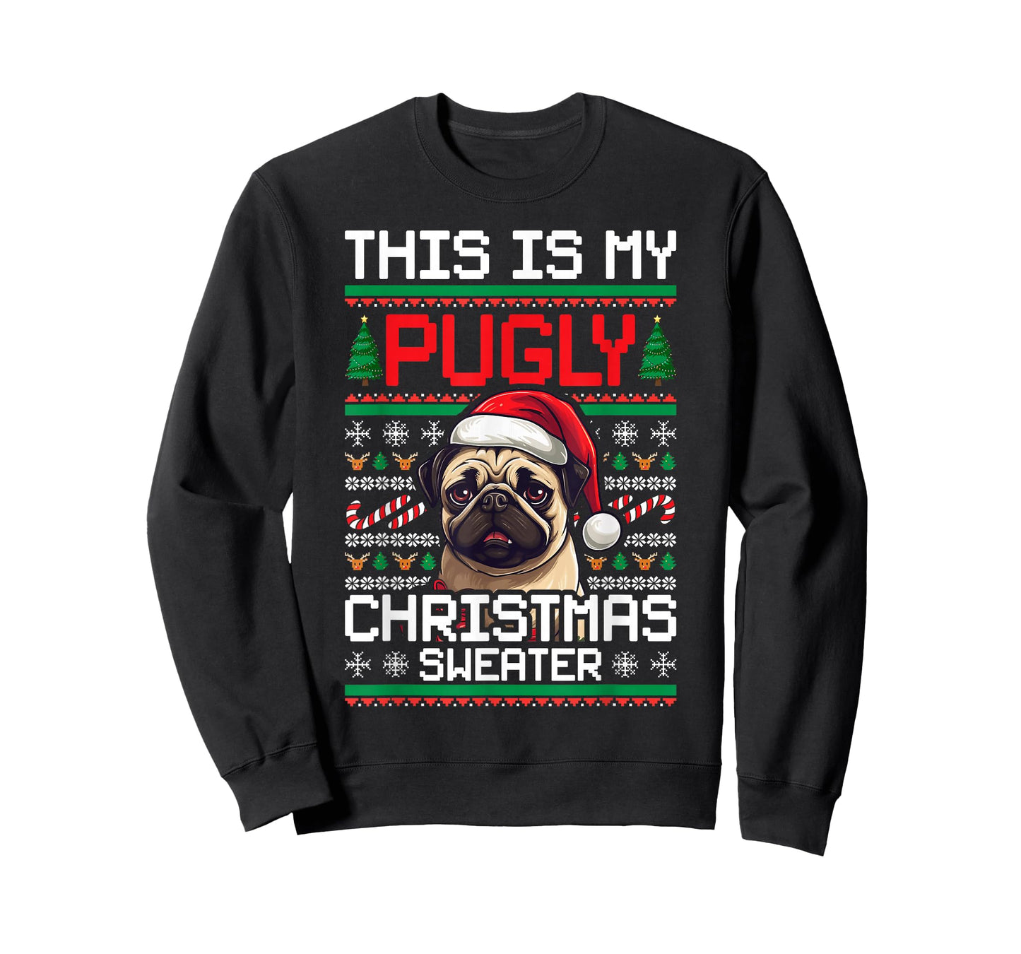 Ugly Christmas Sweater Pug Candy Cane Graphic T-Shirt