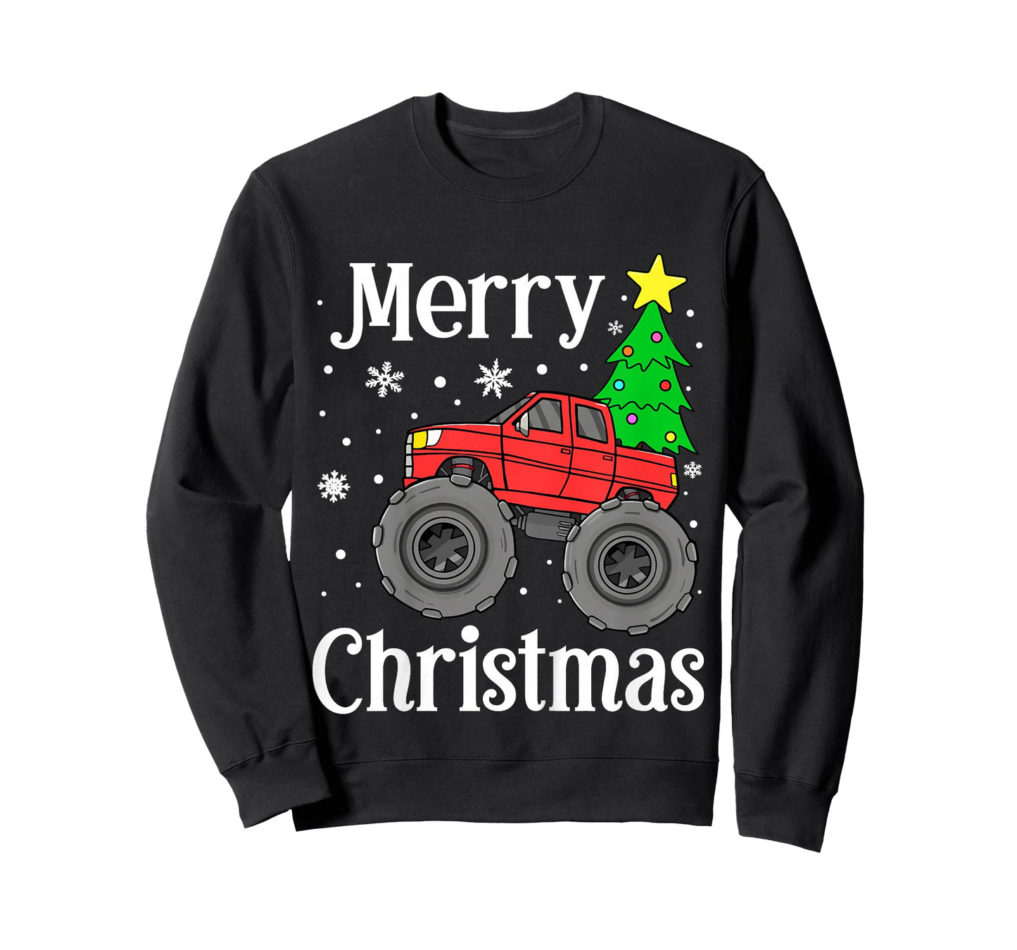 Kids Boys Monster Truck Merry Christmas Tree Snowflakes Toddler T-Shirt
