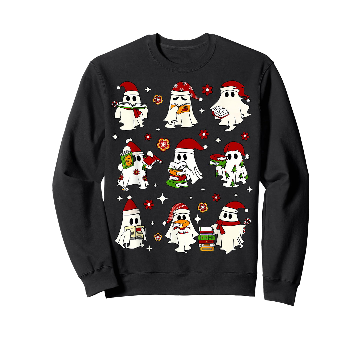 Funny Santa Ghost Reading Books Christmas Library Teacher T-Shirt