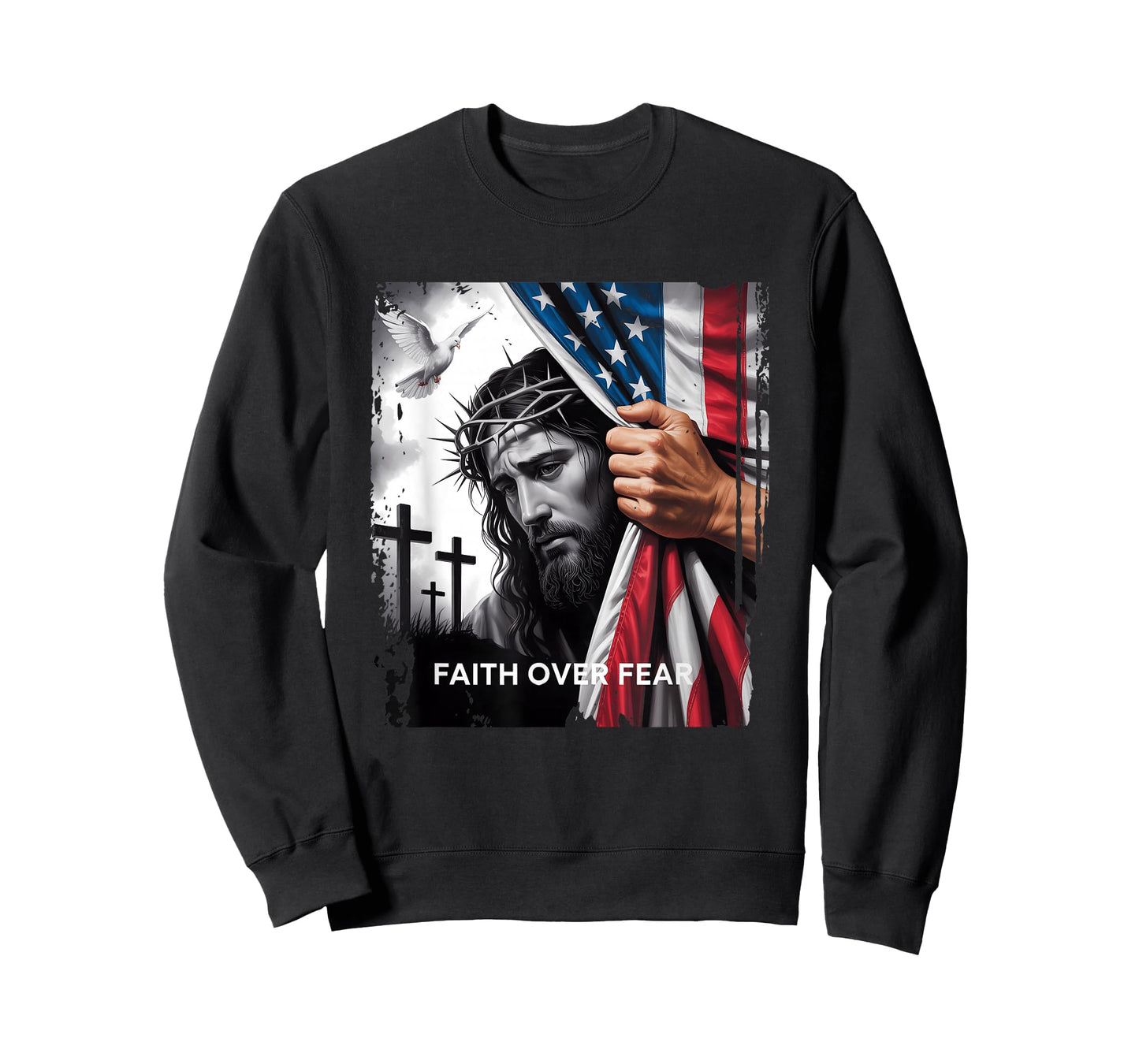 Faith Over Fear Sad Face Of Jesus Christian Usa Flag Patriot T-Shirt