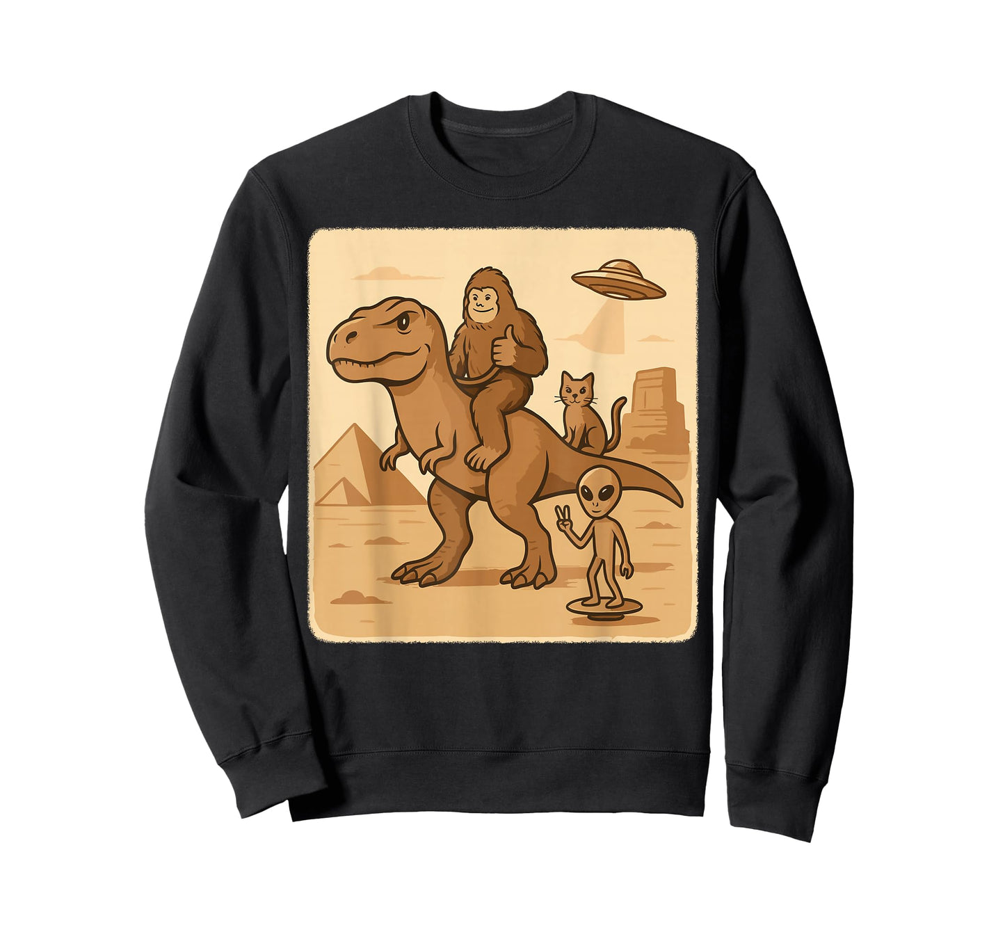 Bigfoot Riding T Rex with Alien Cat UFO Desert Scene T-Shirt