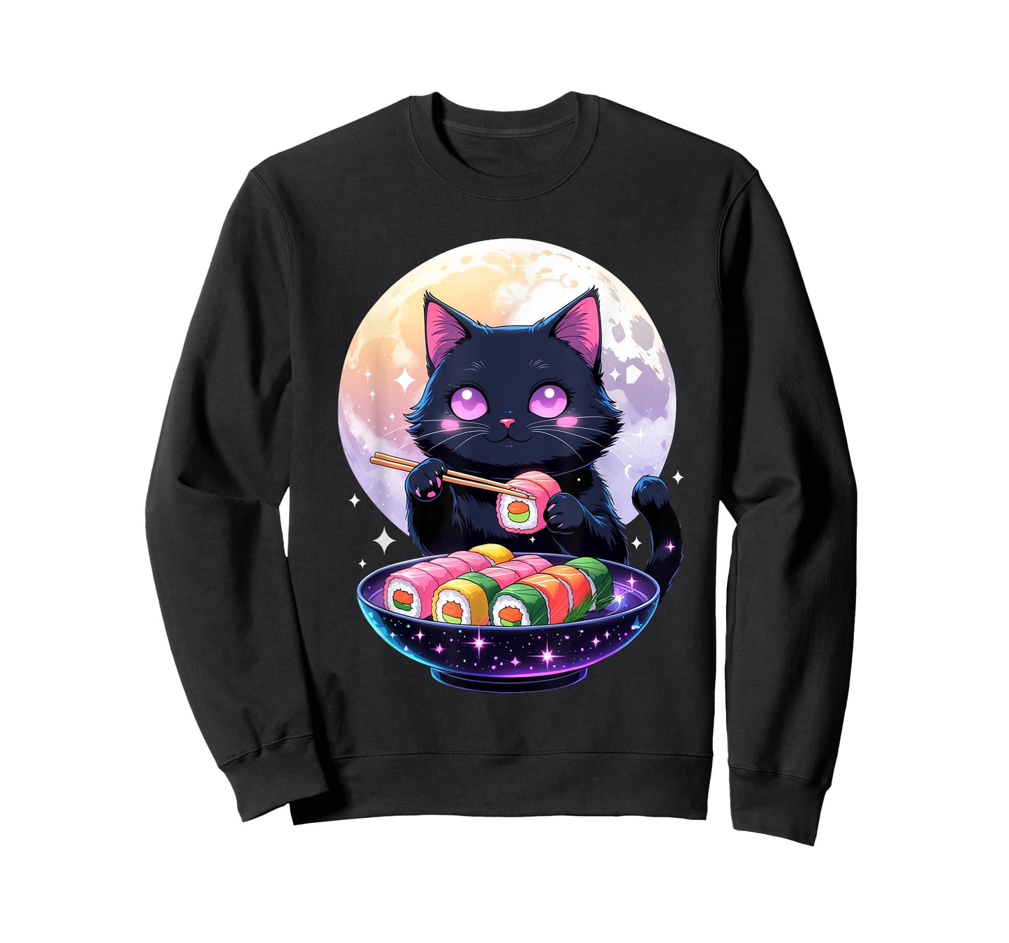 Kawaii Black Cat Eating Sushi Japanese Anime Cute Cat Girls T-Shirt