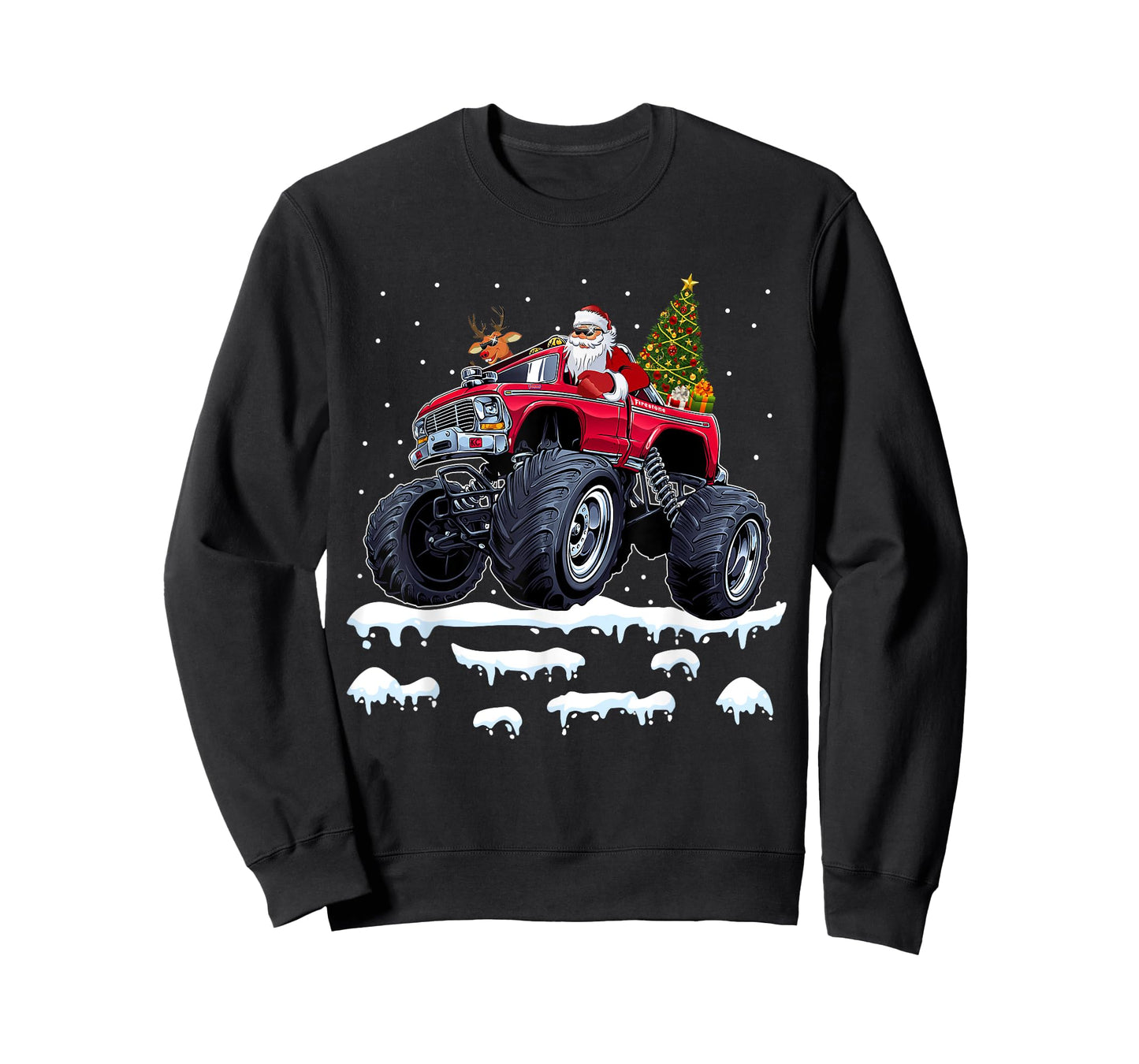 Reindeer Santa Riding Monster Truck Christmas Tree Men Boy T-Shirt