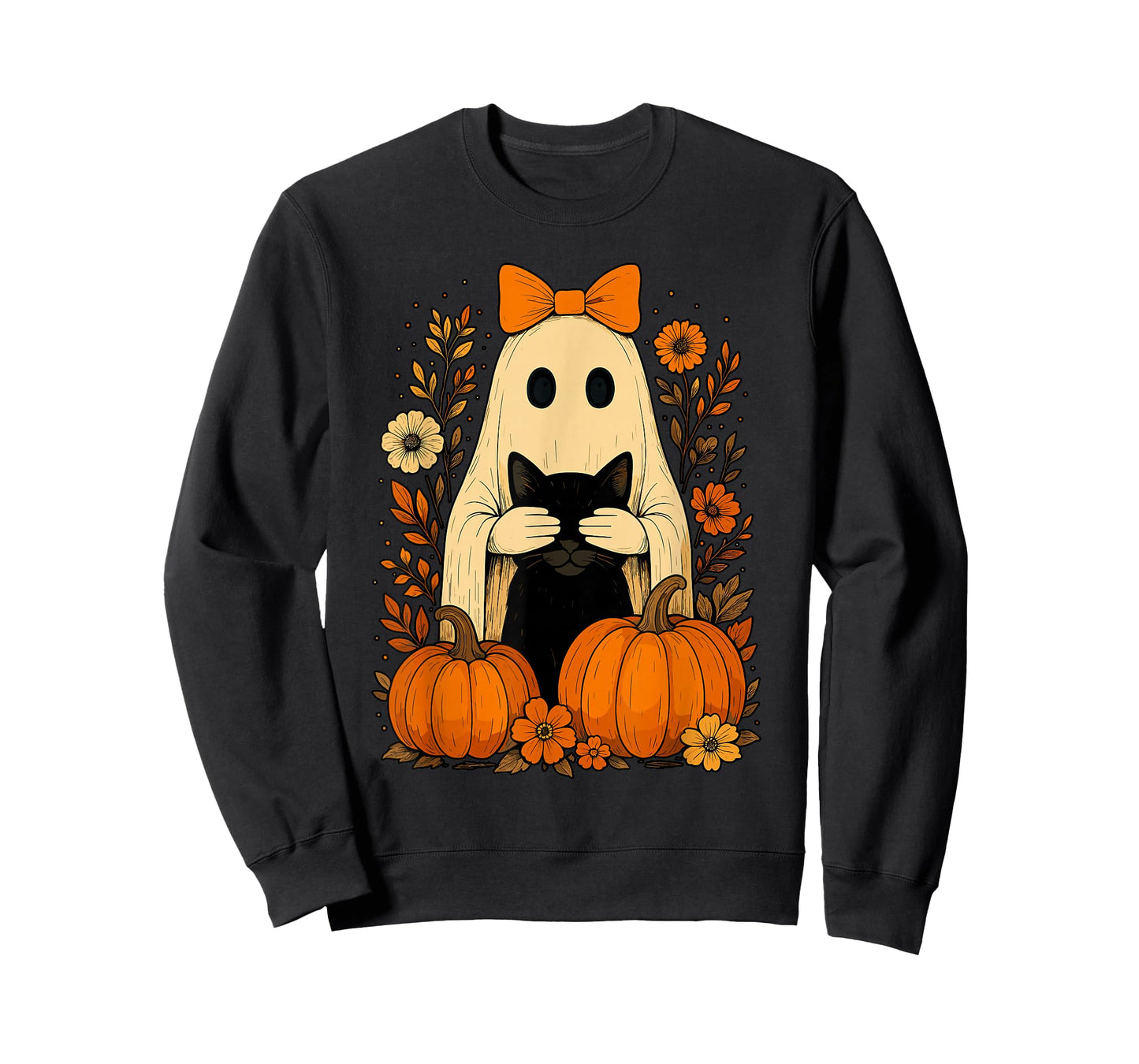 Funny Ghost Bow Holding Black Cat Fall Halloween T-Shirt
