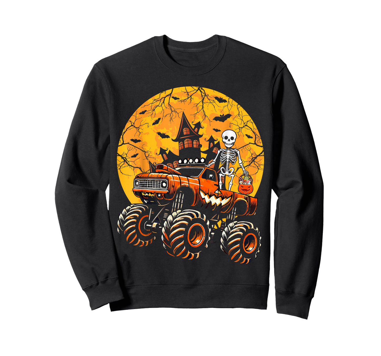 Halloween Skeleton Riding Monster Truck Pumpkin Boys Kids T-Shirt