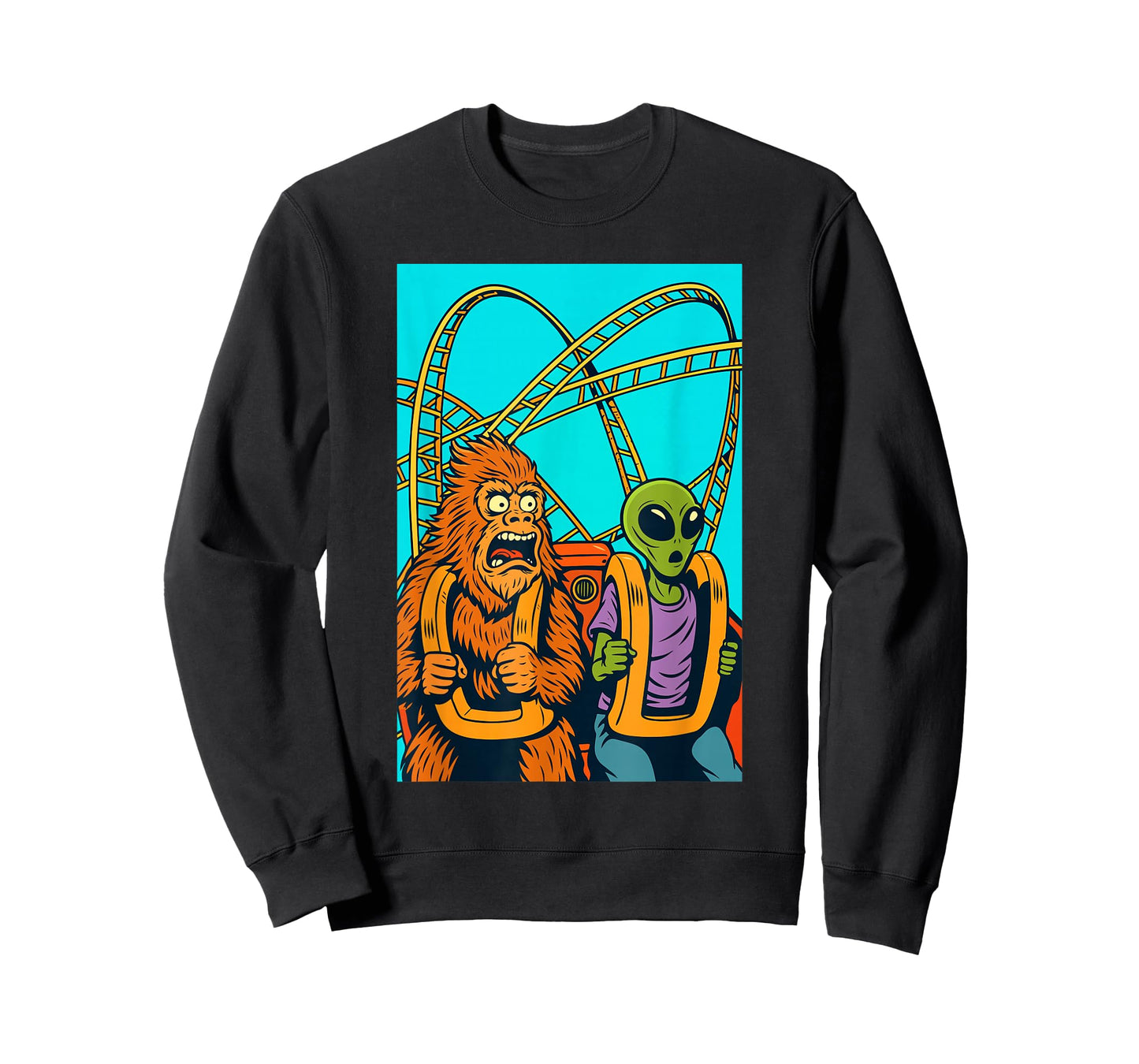 Bigfoot and Alien Riding Roller Coaster Amusement Theme Park T-Shirt