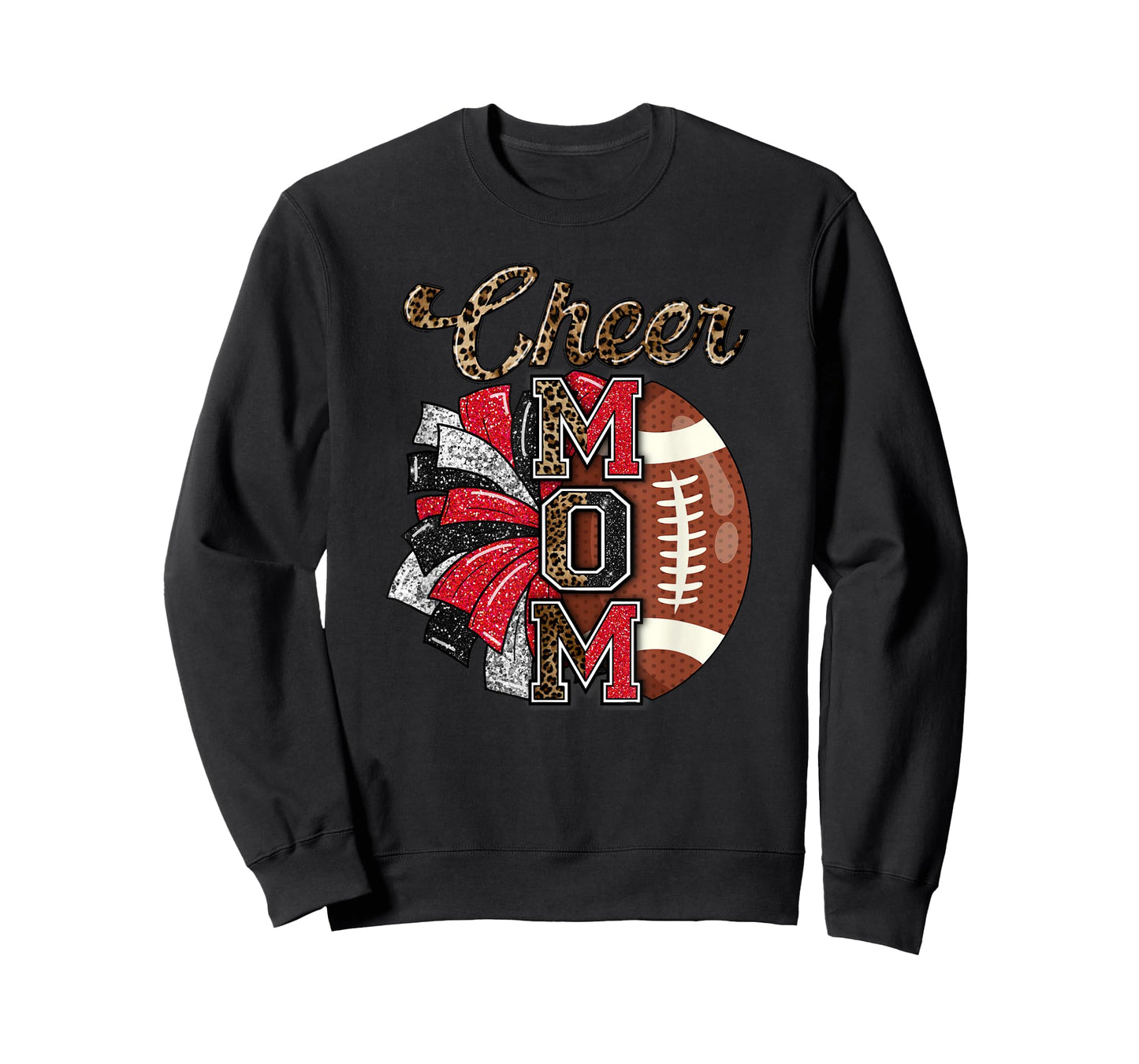 Football Cheer Mom Red Black Pom Leopard T-Shirt