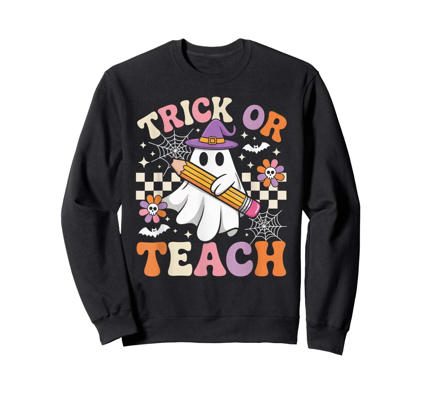 Trick Or Teach Groovy Teacher Halloween Retro Ghost Gifts T-Shirt