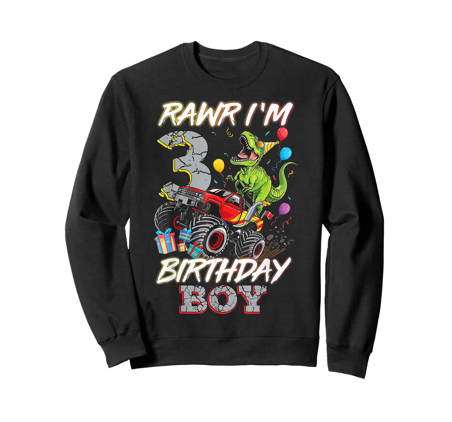 3rd Birthday Boy Monster Truck Dinosaur Rawr I'm 3 Year Old T-Shirt