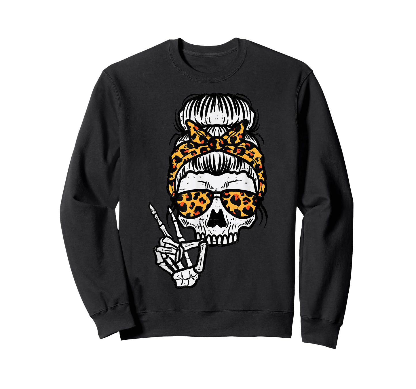 Skeleton Skull Leopard Hairbun Halloween Costume Women Mom T-Shirt