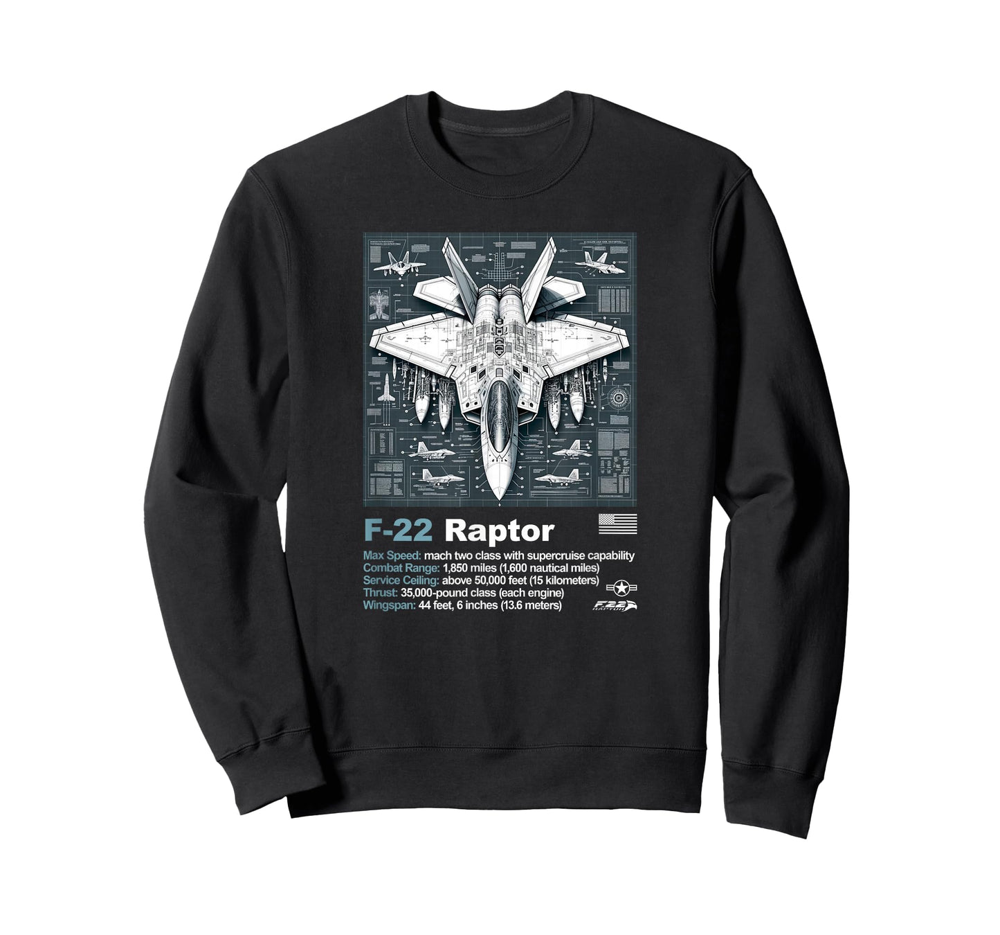 F22 Raptor Fighter Jet Blueprint Technical Drawing & Specs T-Shirt