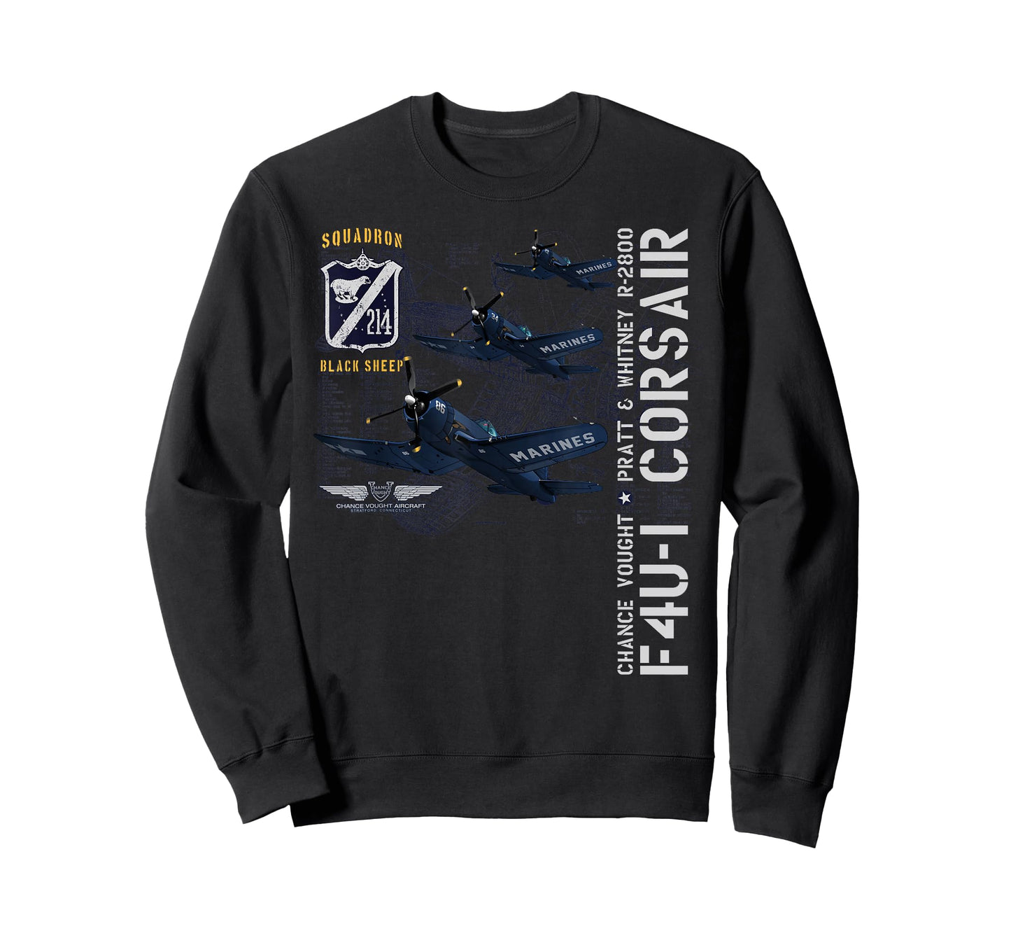 WWII AVIATION APPAREL F4U-1 CORSAIR (214) T-Shirt - Unisex-Adults and Kids - Blue - Small