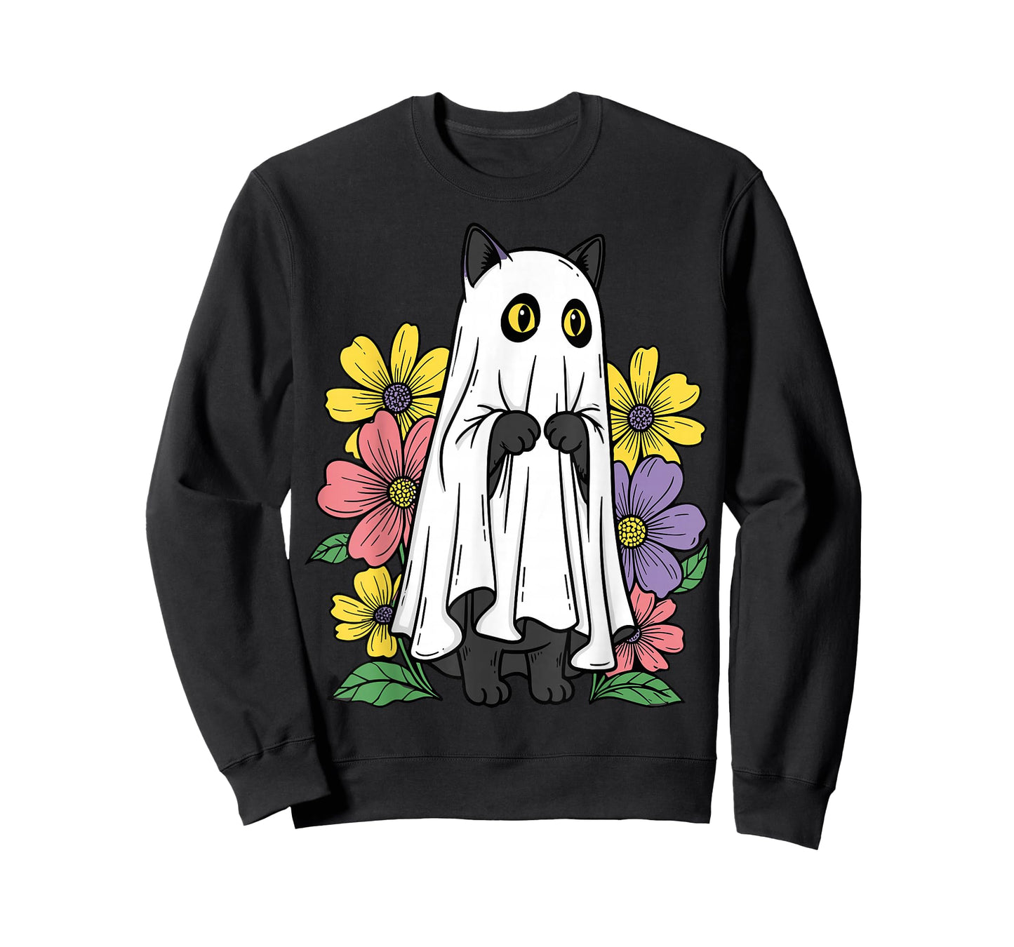 Halloween Ghost Cat Cute Black Cat Flowers T-Shirt