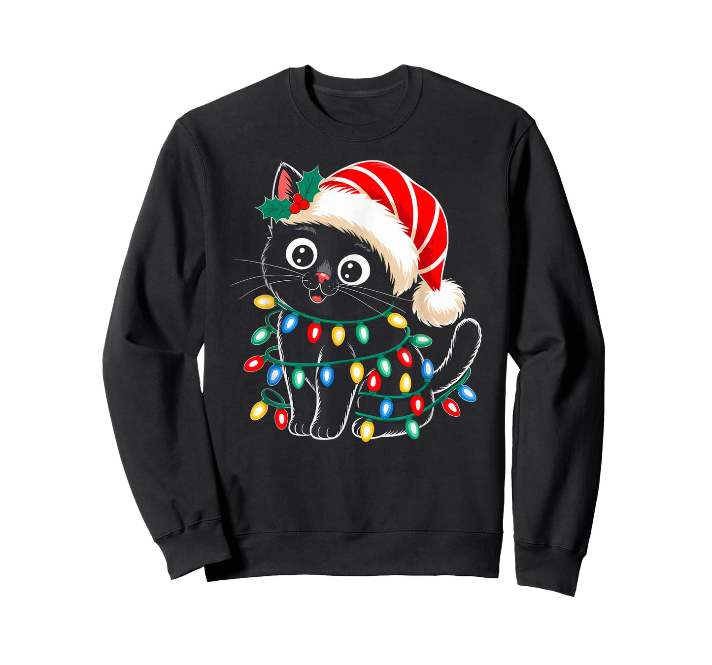 Black Cat Christmas Lights Santa Hat Xmas Pajamas Cat Lover T-Shirt