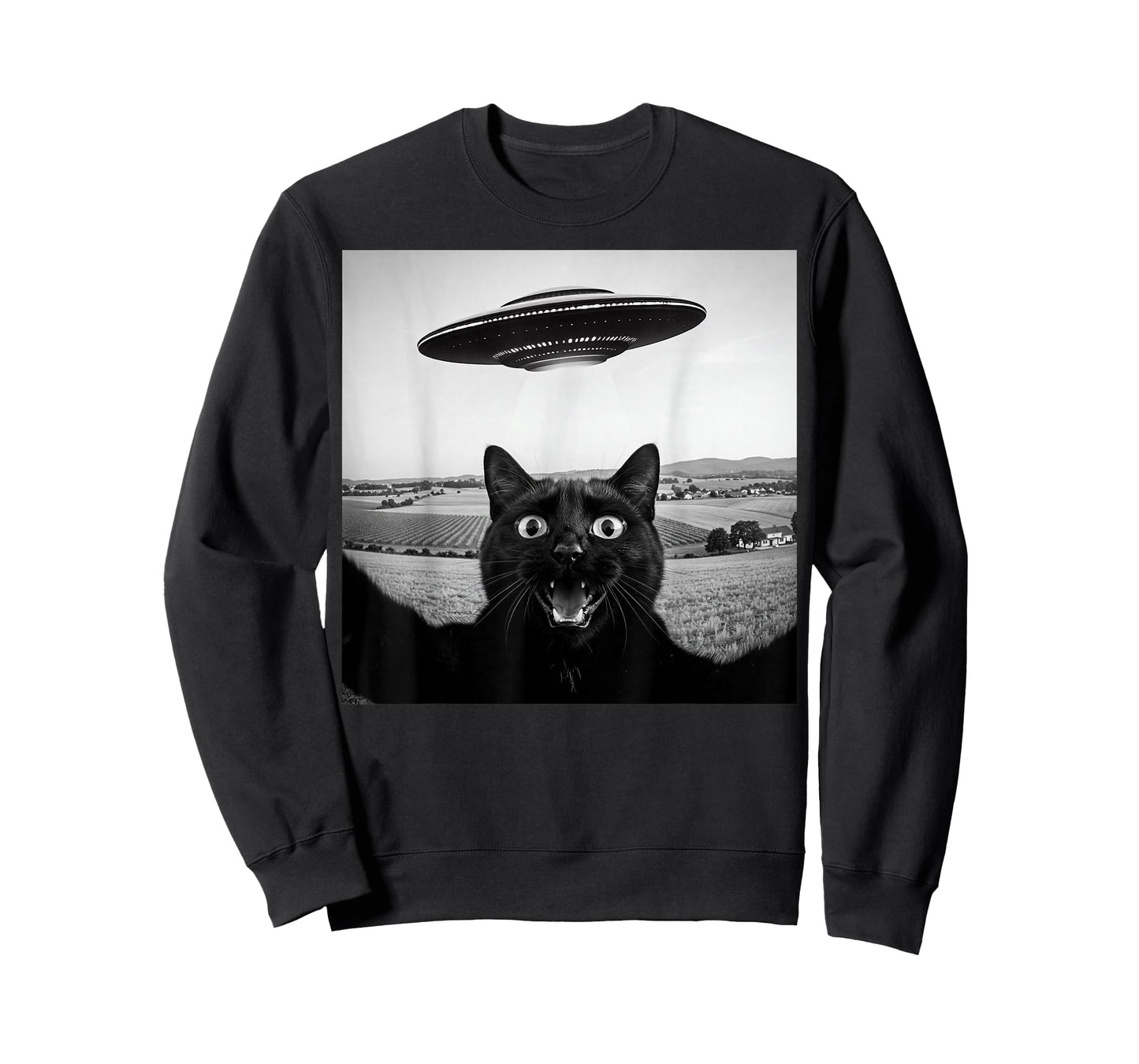Black Cat Selfie UFO Alien Funny Gifts For Men Women Kids T-Shirt