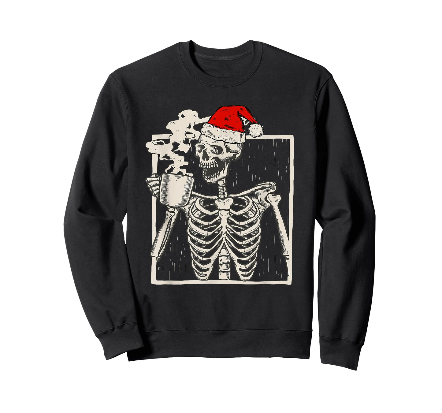Christmas Skeleton With Smiling Skull Drinking Coffee Latte T-Shirt