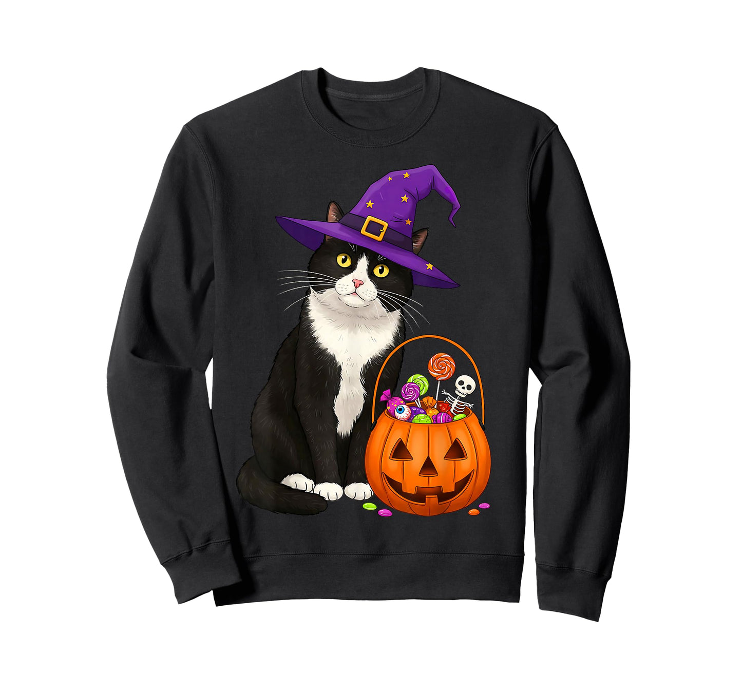 Tuxedo Witch Cat & Halloween Candy Basket for Men Women Kids T-Shirt