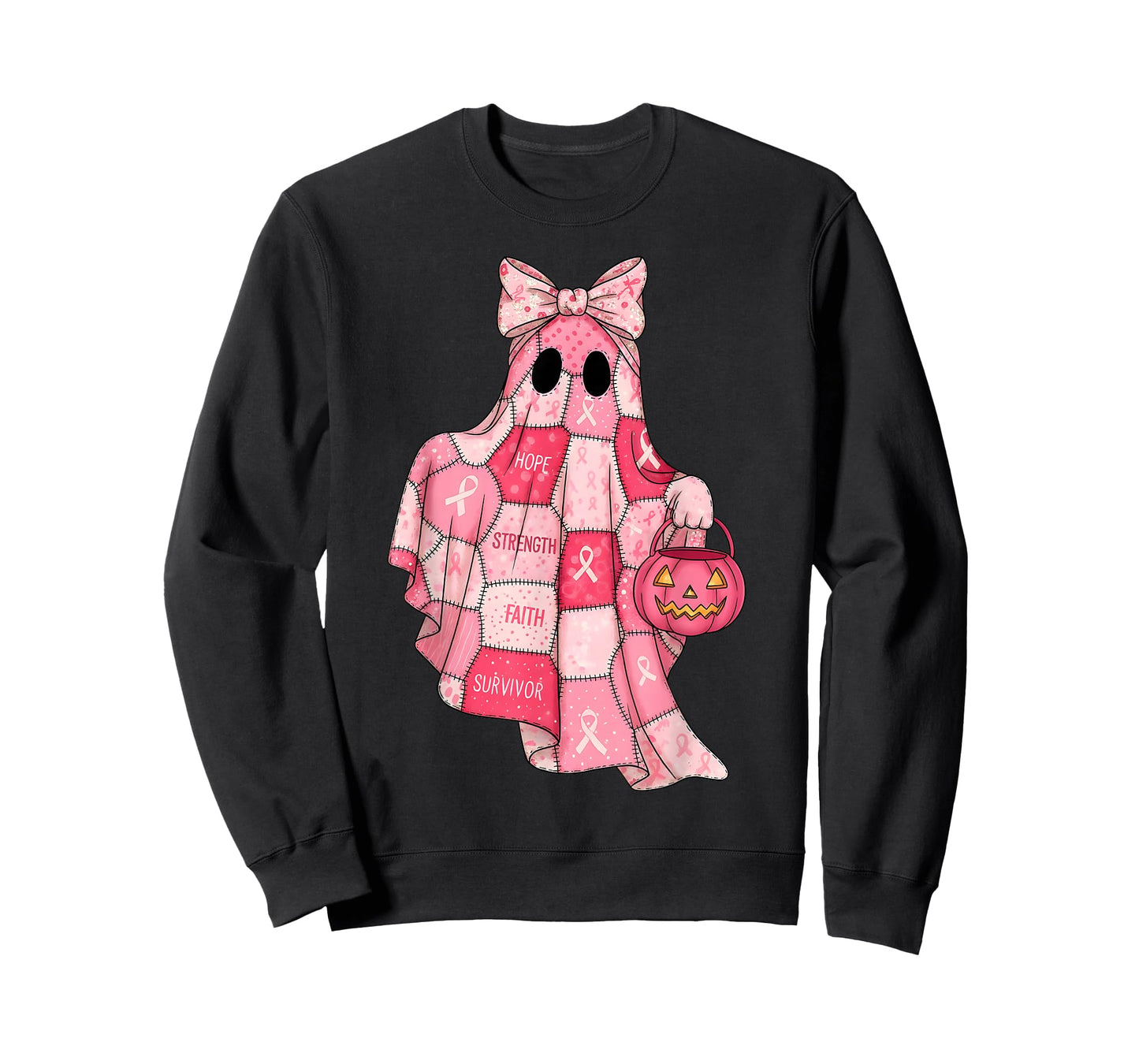 Pink Patchwork Ghost Witch Breast Cancer Awareness Halloween T-Shirt