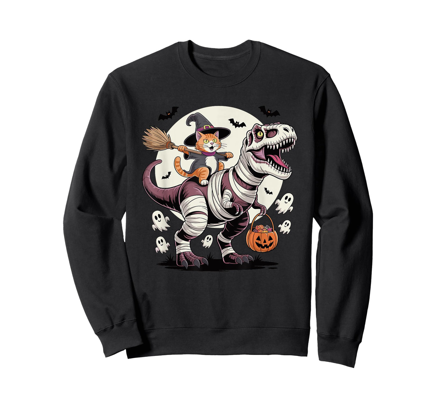 Cat Riding Mummy Dinosaur T-Rex Halloween Boys Kids T-Shirt