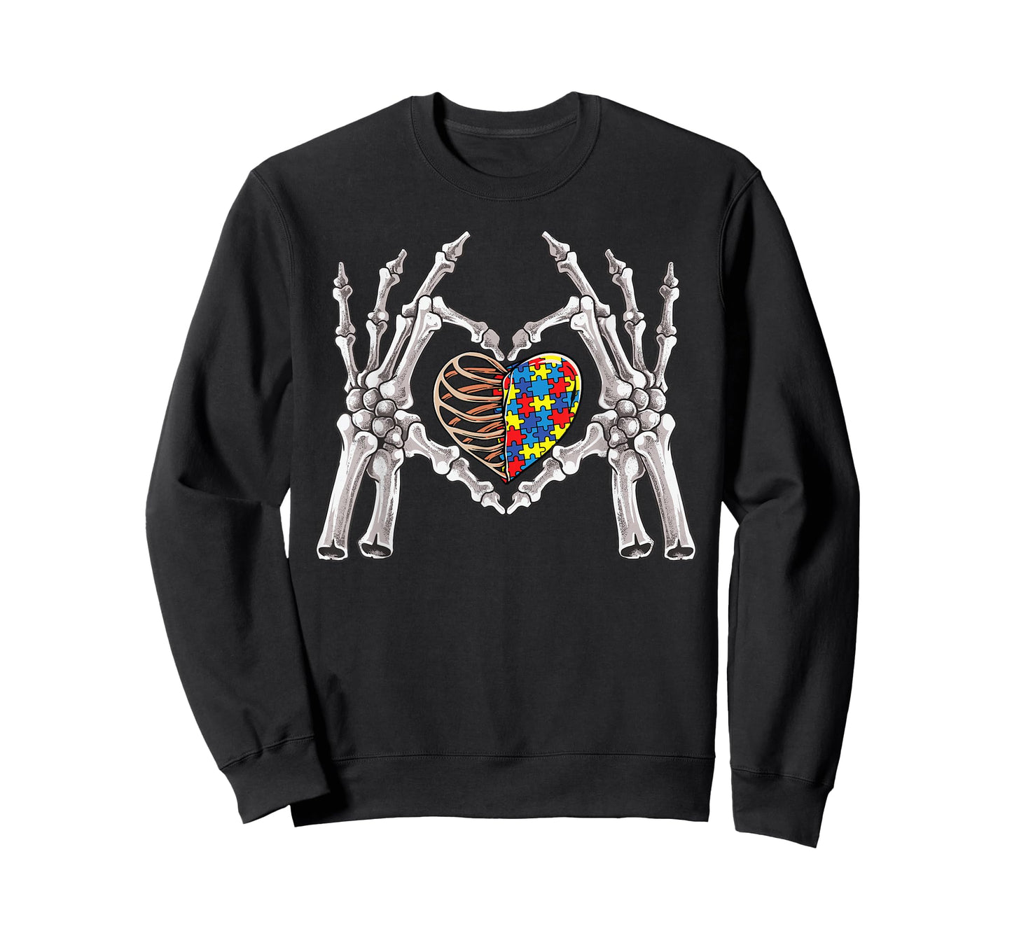 Autism Awareness Gothic Skull Hand Autism Puzzle Piece Heart T-Shirt