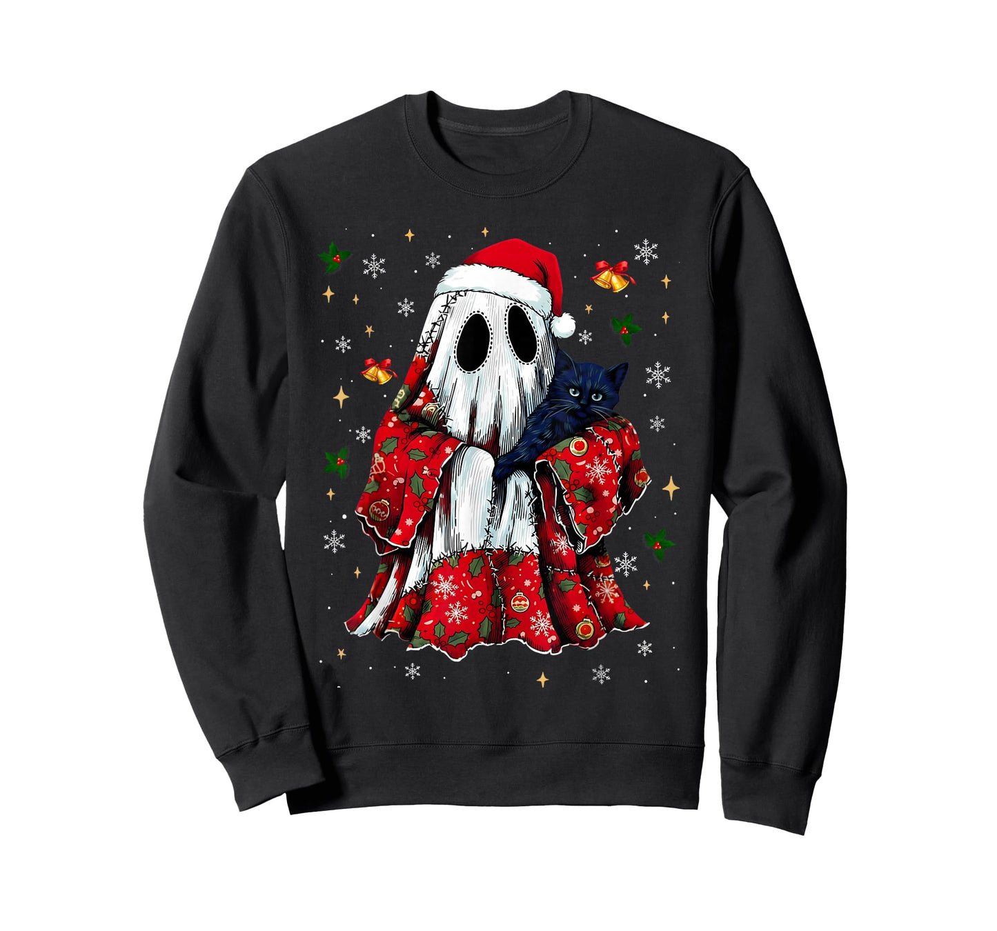 Vintage Christmas Ghost Holding Black Cat Groovy Floral T-Shirt