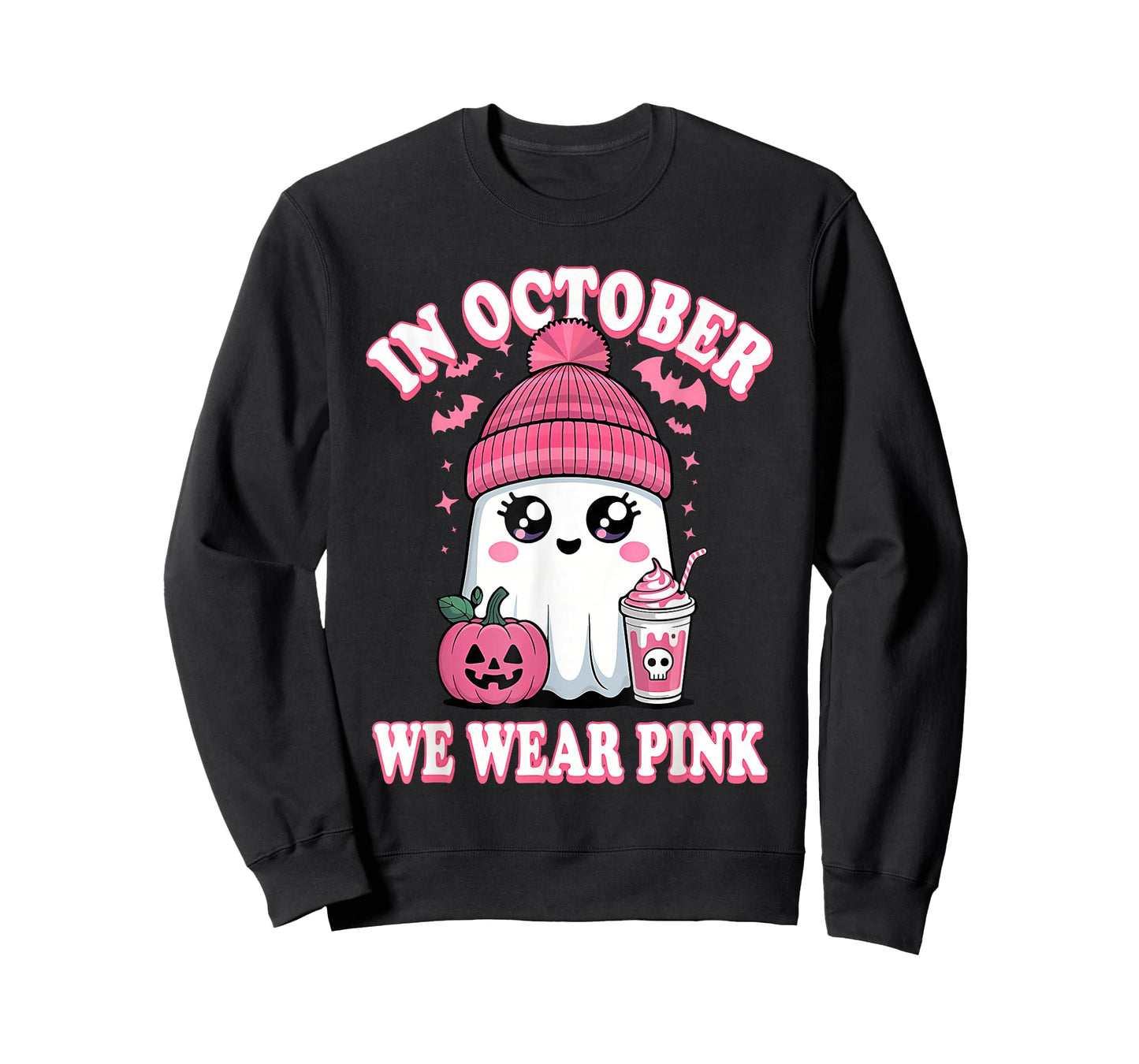 in October We Wear Pink Ghost Halloween Breast Cancer T-Shirt