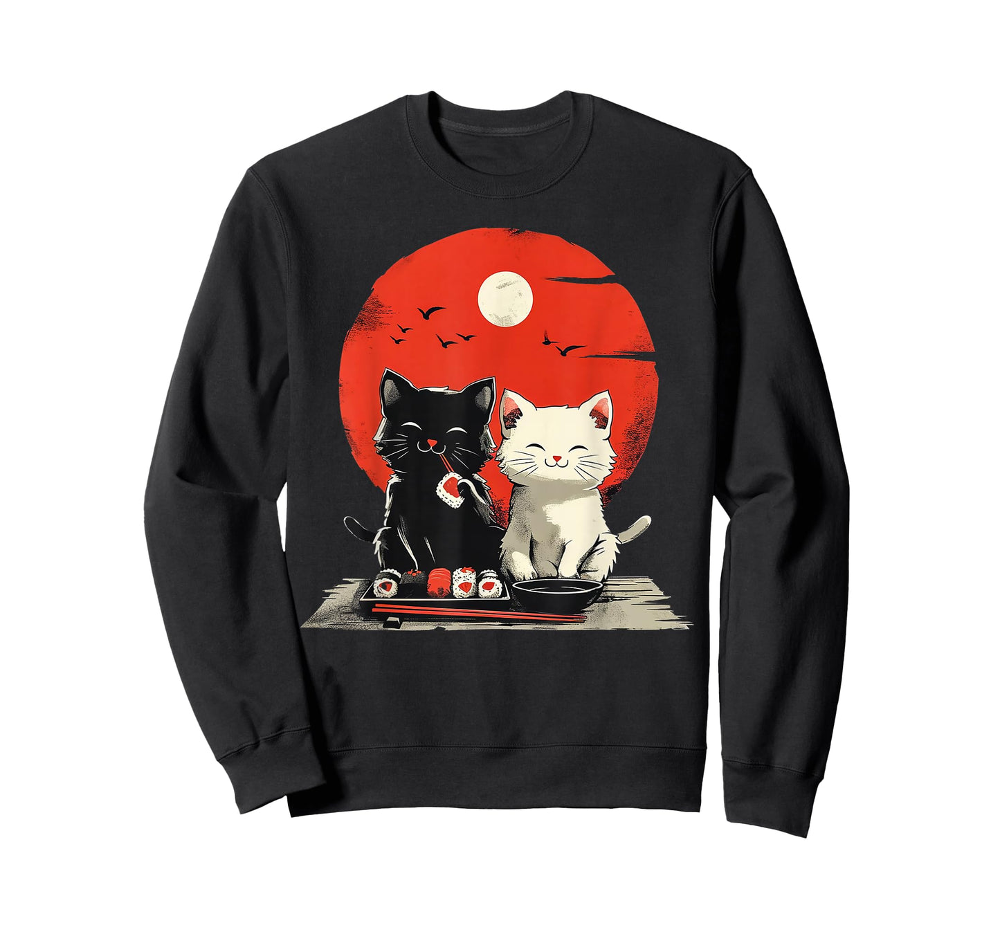 Cute Cartoon Cats Eating Sushi with Japanese Sun T-Shirt