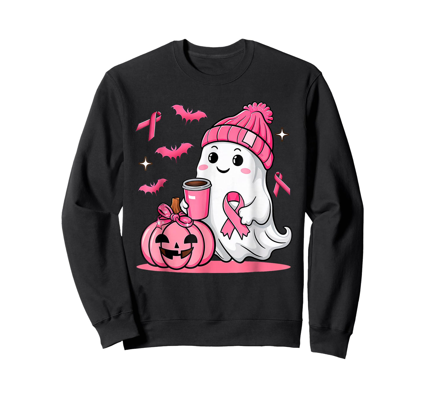 Cute Ghost Drinking Coffee Halloween Breast Cancer Awareness T-Shirt