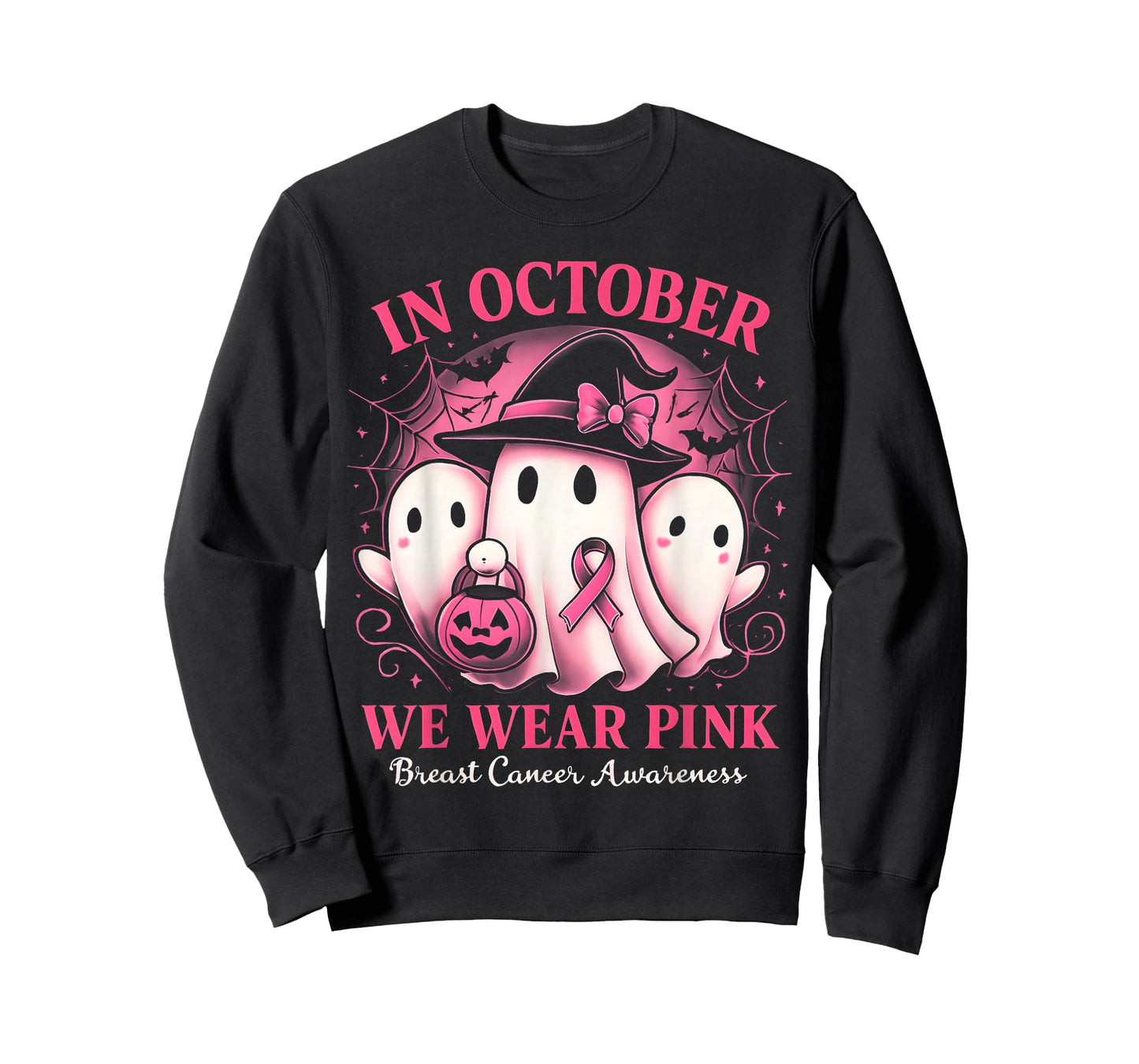 in October We Wear Pink Ghost Halloween Women Breast Cancer T-Shirt