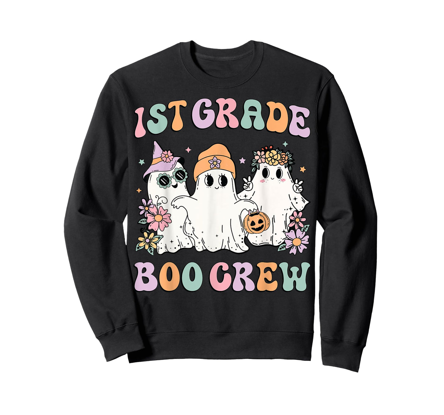 1st Grade Boo Crew Groovy Halloween Floral Ghost Kid Teacher T-Shirt