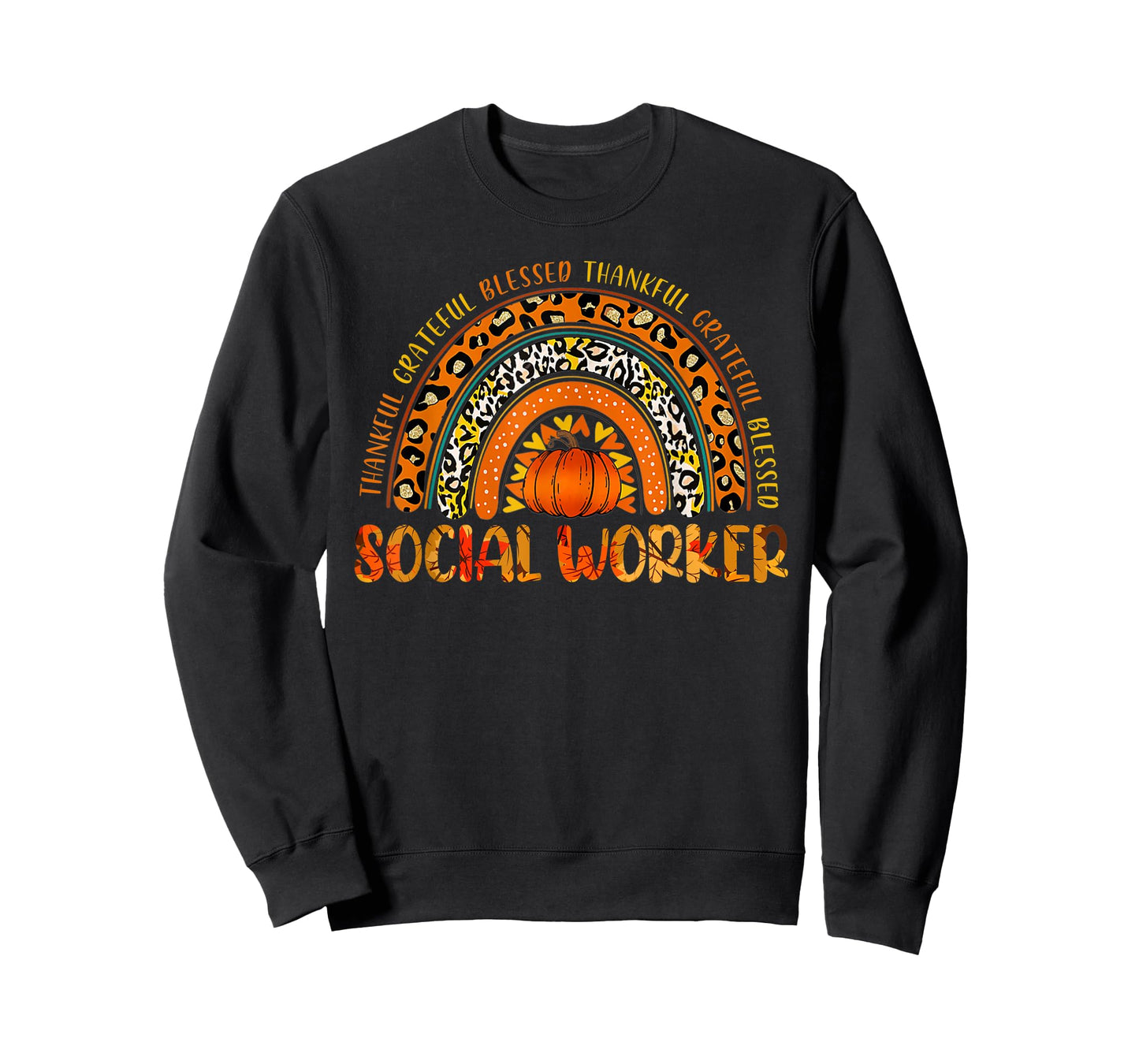 Leopard Rainbow Thankful Social Worker Pumpkin Thanksgiving T-Shirt