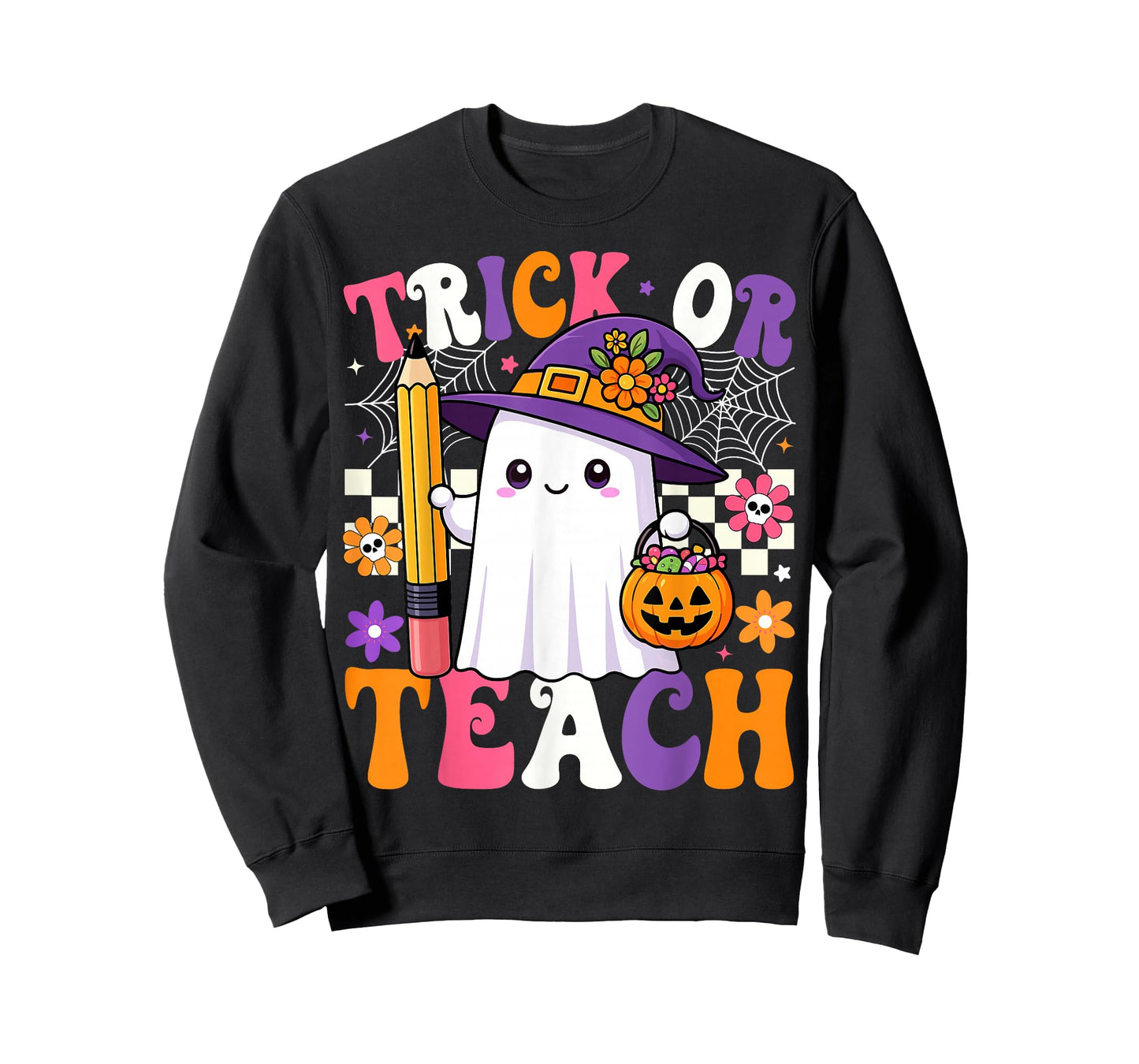Trick Or Teach Teacher Pencil Ghost Funny Halloween Teacher T-Shirt