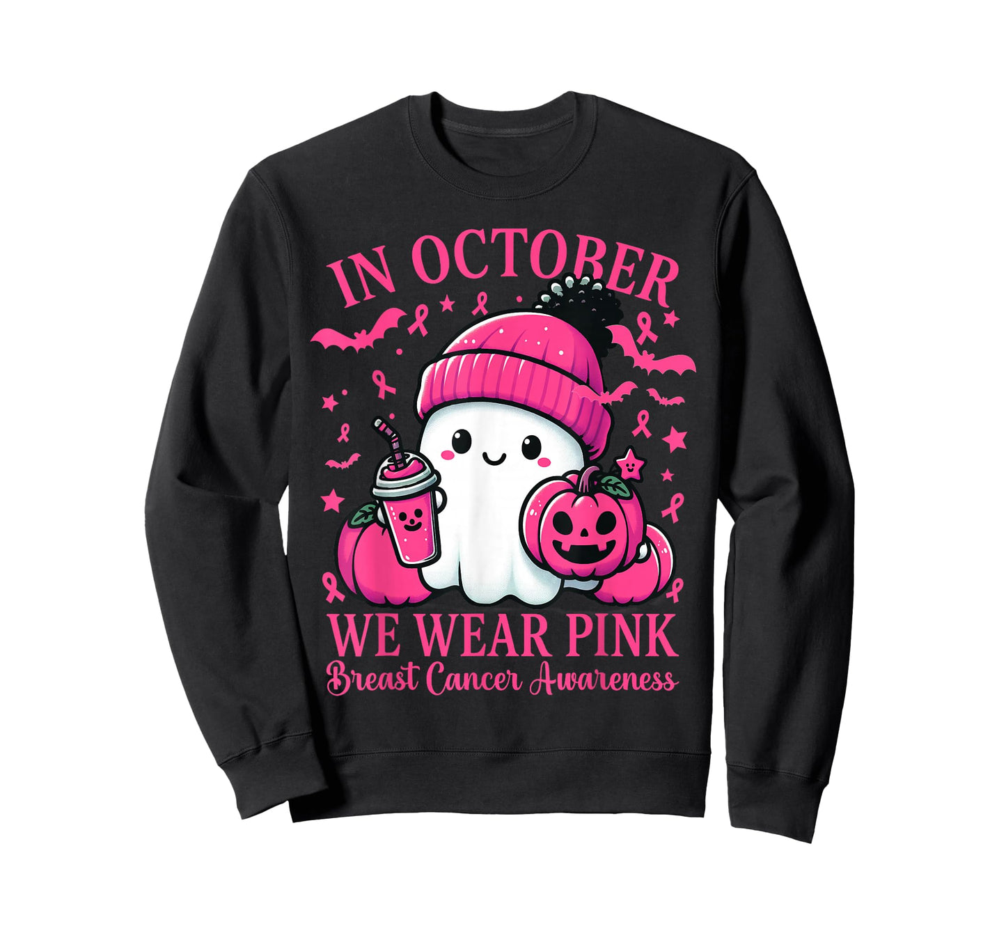 in October We Wear Pink Breast Cancer Boo Ghost Halloween T-Shirt