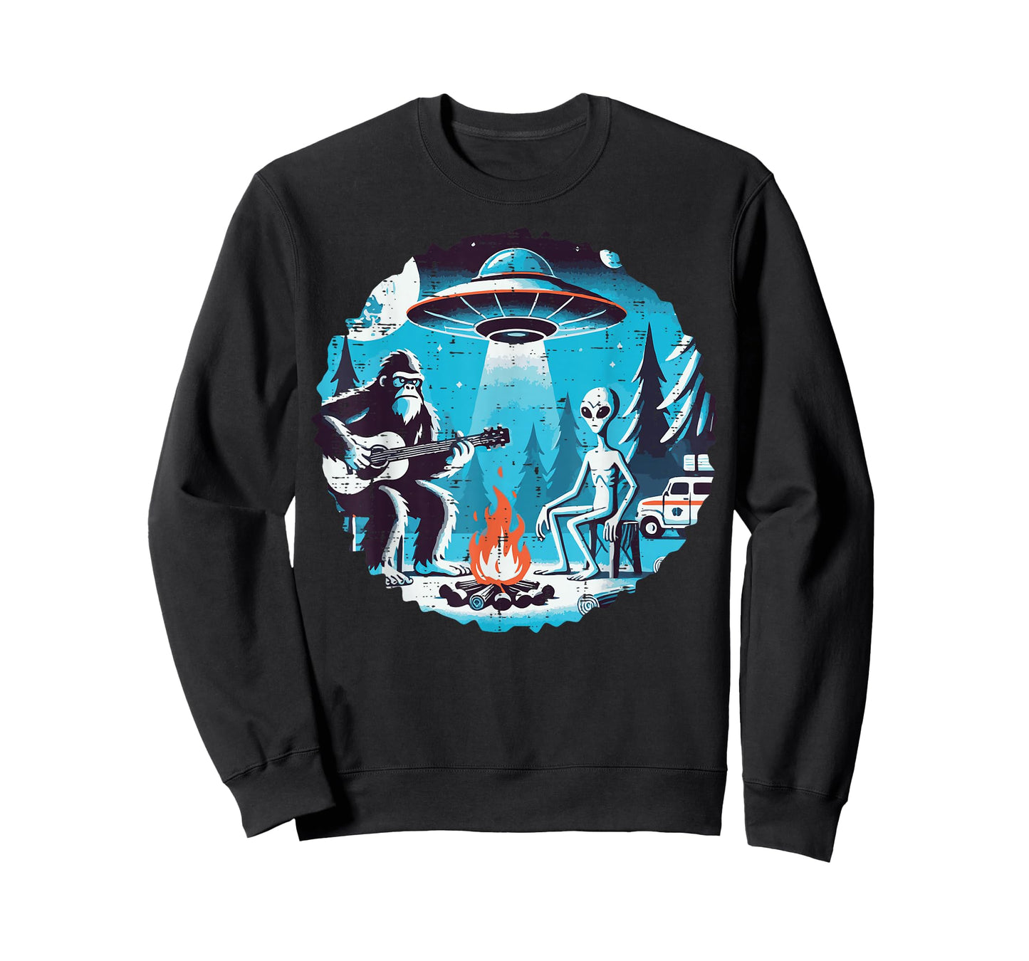 Bigfoot Guitar Alien Ufo Camp Funny Sasquatch Women Men Kids T-Shirt