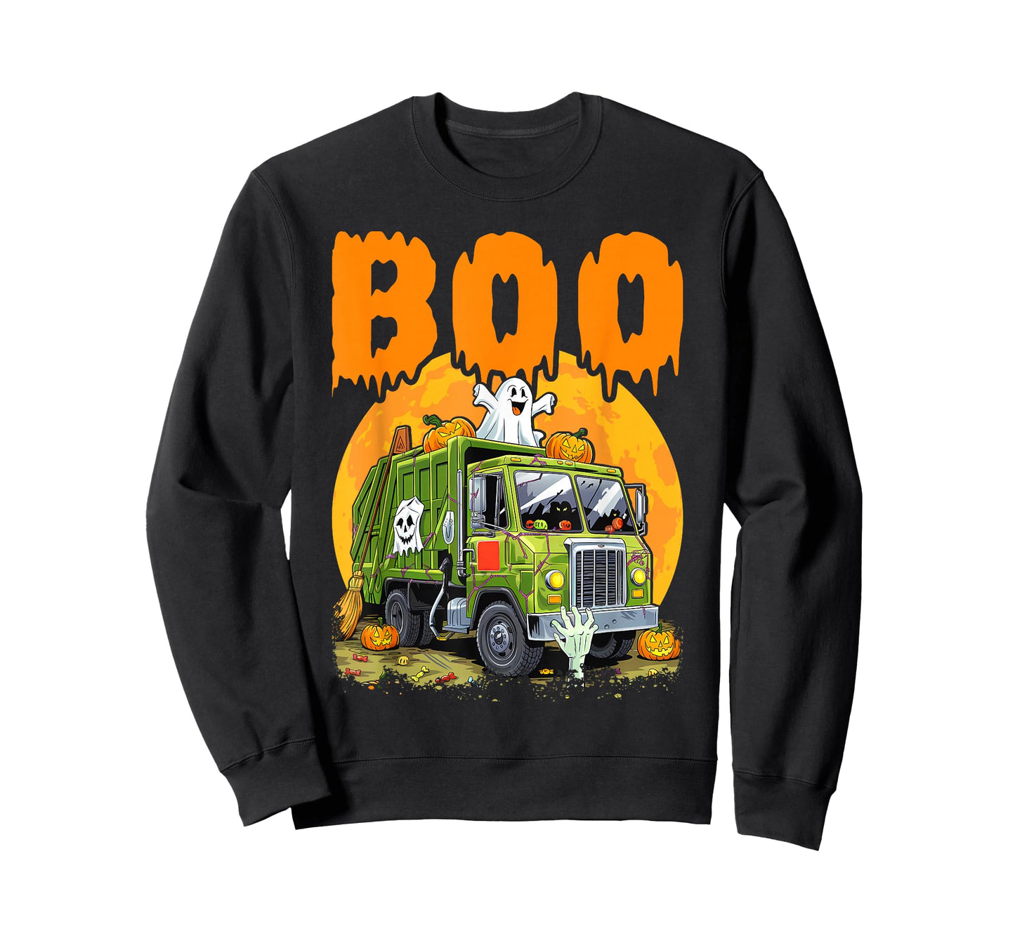 Ghost Driving Garbage Truck With Candy Bag Carved Pumpkin T-Shirt