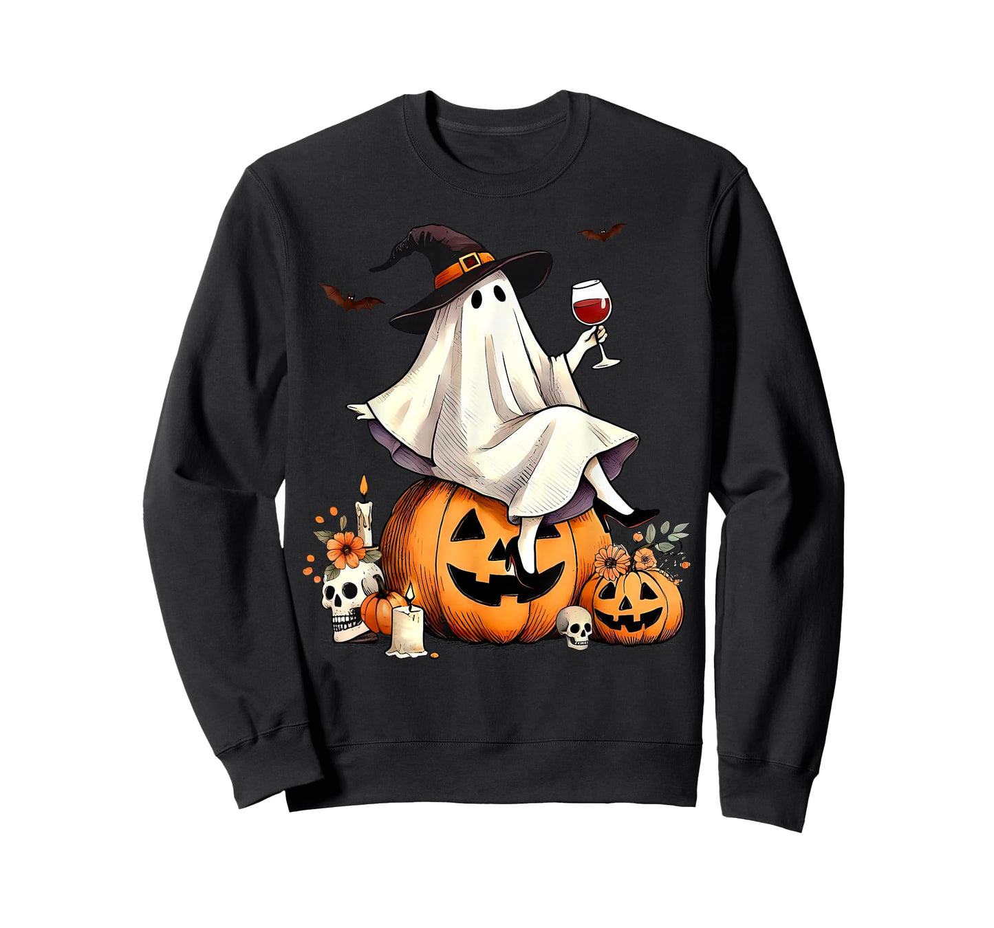Witch Ghost Wine Drinking Pumpkin Halloween Spooky Season T-Shirt