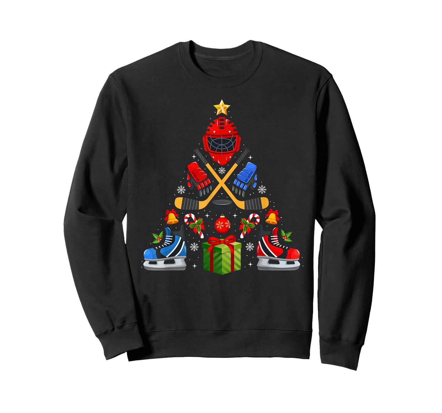 Ice Hockey Christmas Tree Lights Red Santa Hat Xmas Pajamas T-Shirt