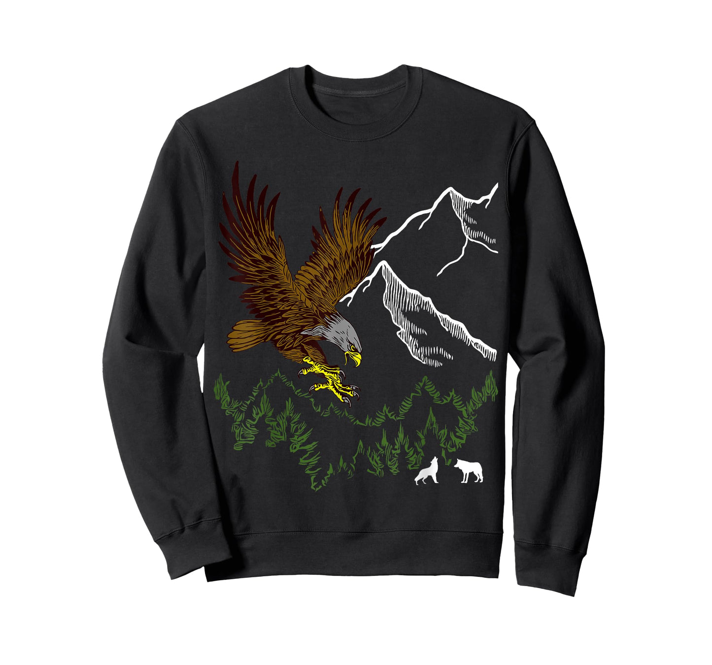Mountain Forest tree Design Eagle Bird, Wolf Animal Graphic T-Shirt