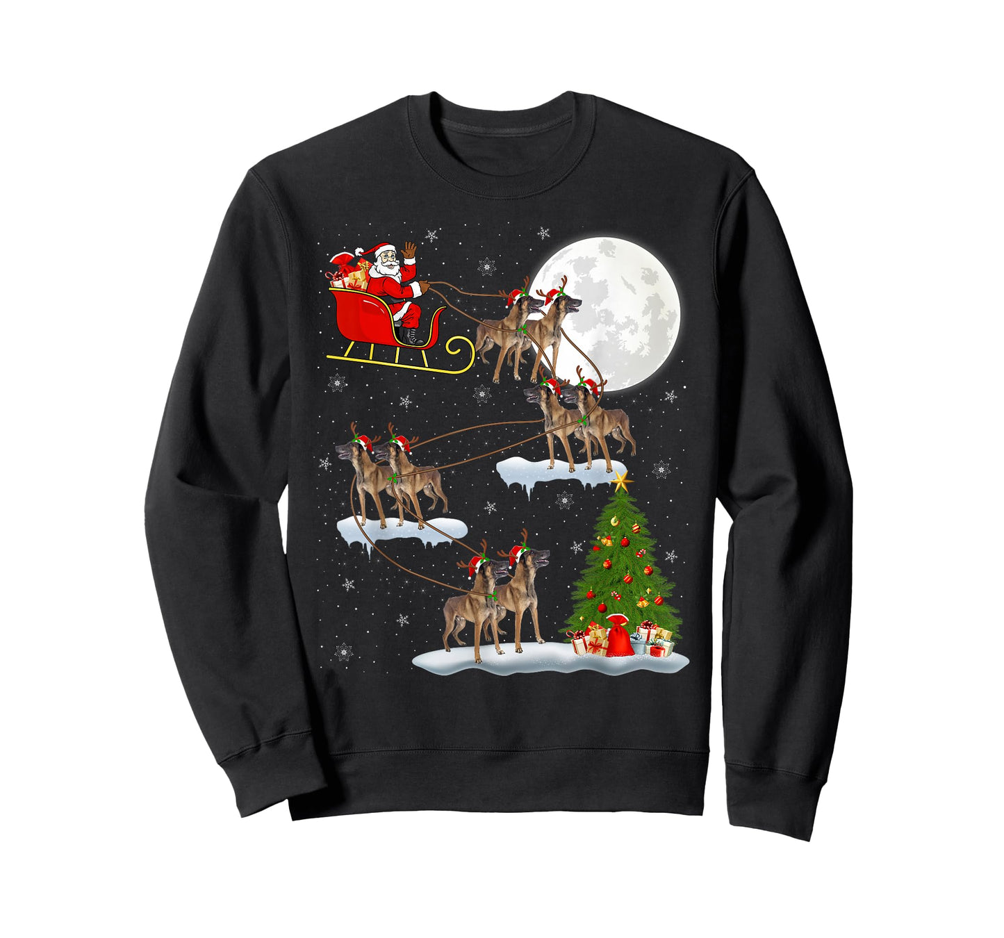 Belgian Malinois Dog Santa Sleigh Flying Funny Christmas T-Shirt