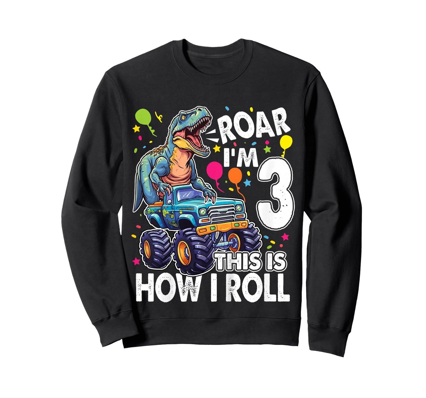 Kids Dinosaur Monster Truck 3rd Birthday Party Roar I'm 3 Boys T-Shirt