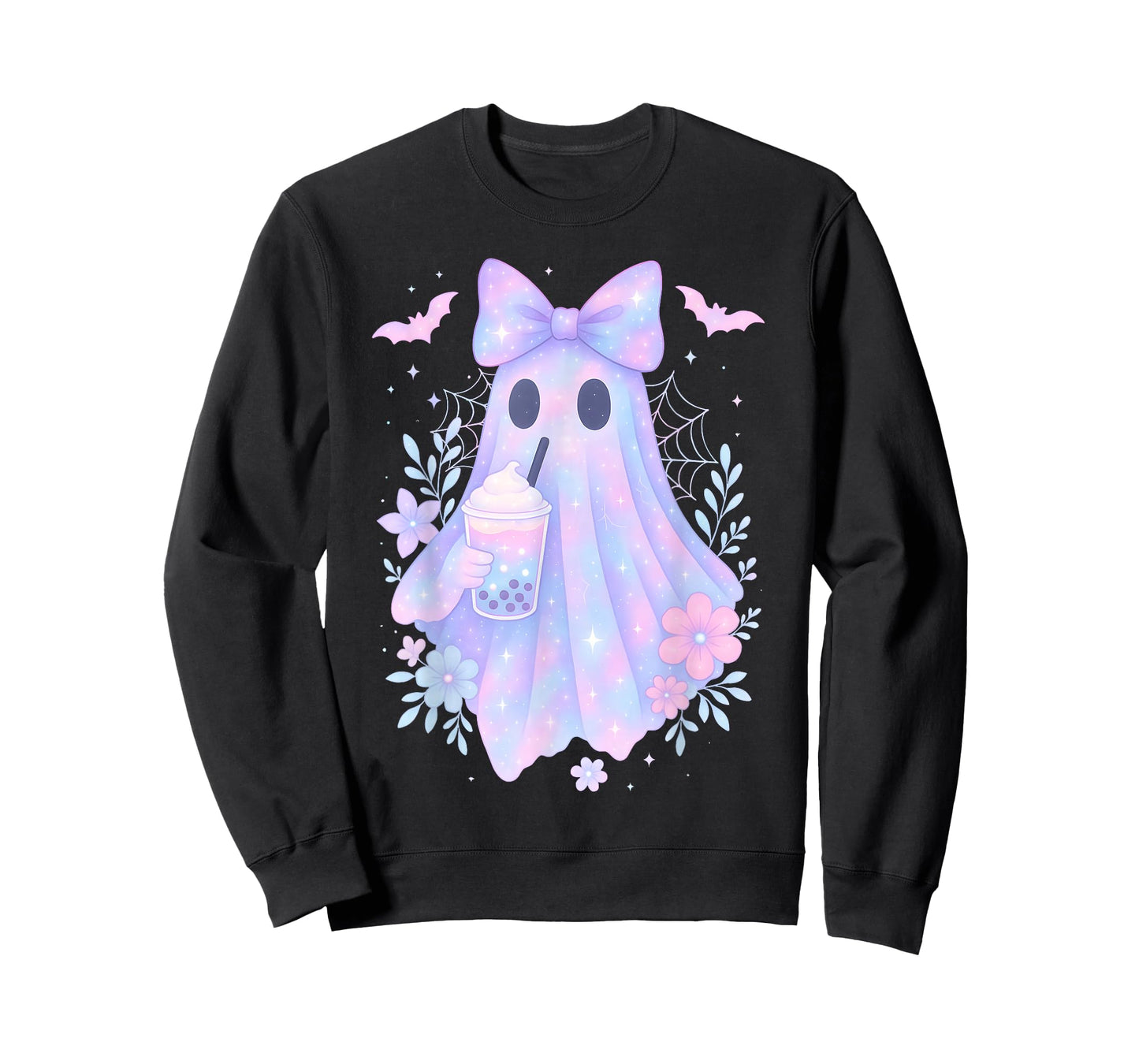 Kawaii Pastel Galaxy Ghost Bubble Tea Halloween Coquette Bow T-Shirt