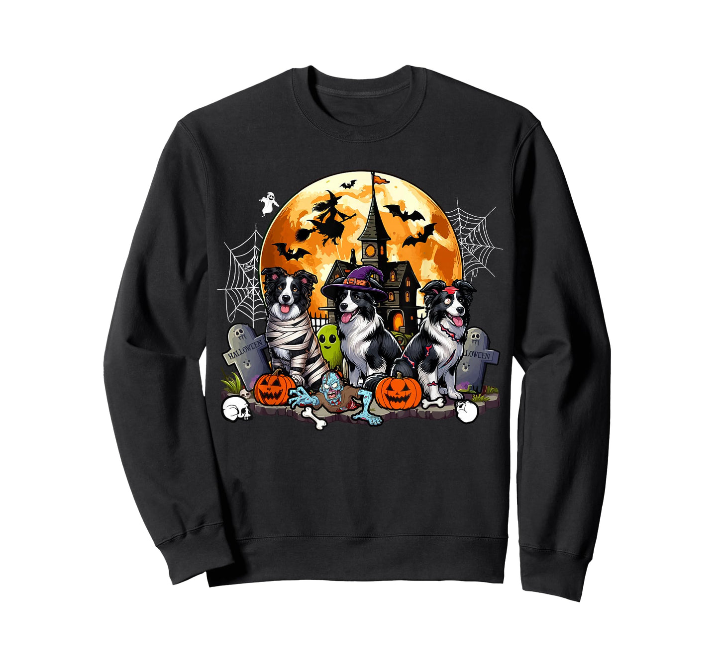 Three Halloween Border Collies As Horror Witch Mummy Zombie T-Shirt