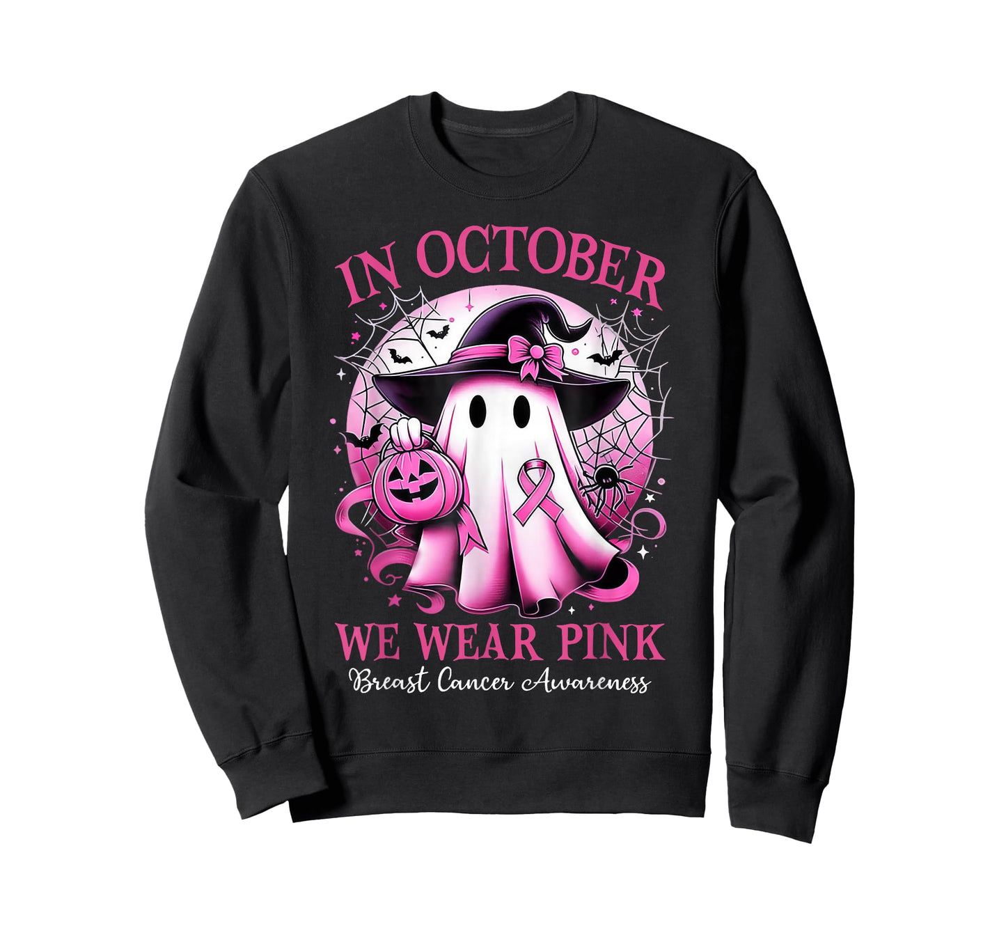 In October We Wear Pink Witch Ghost Breast Cancer Awareness T-Shirt