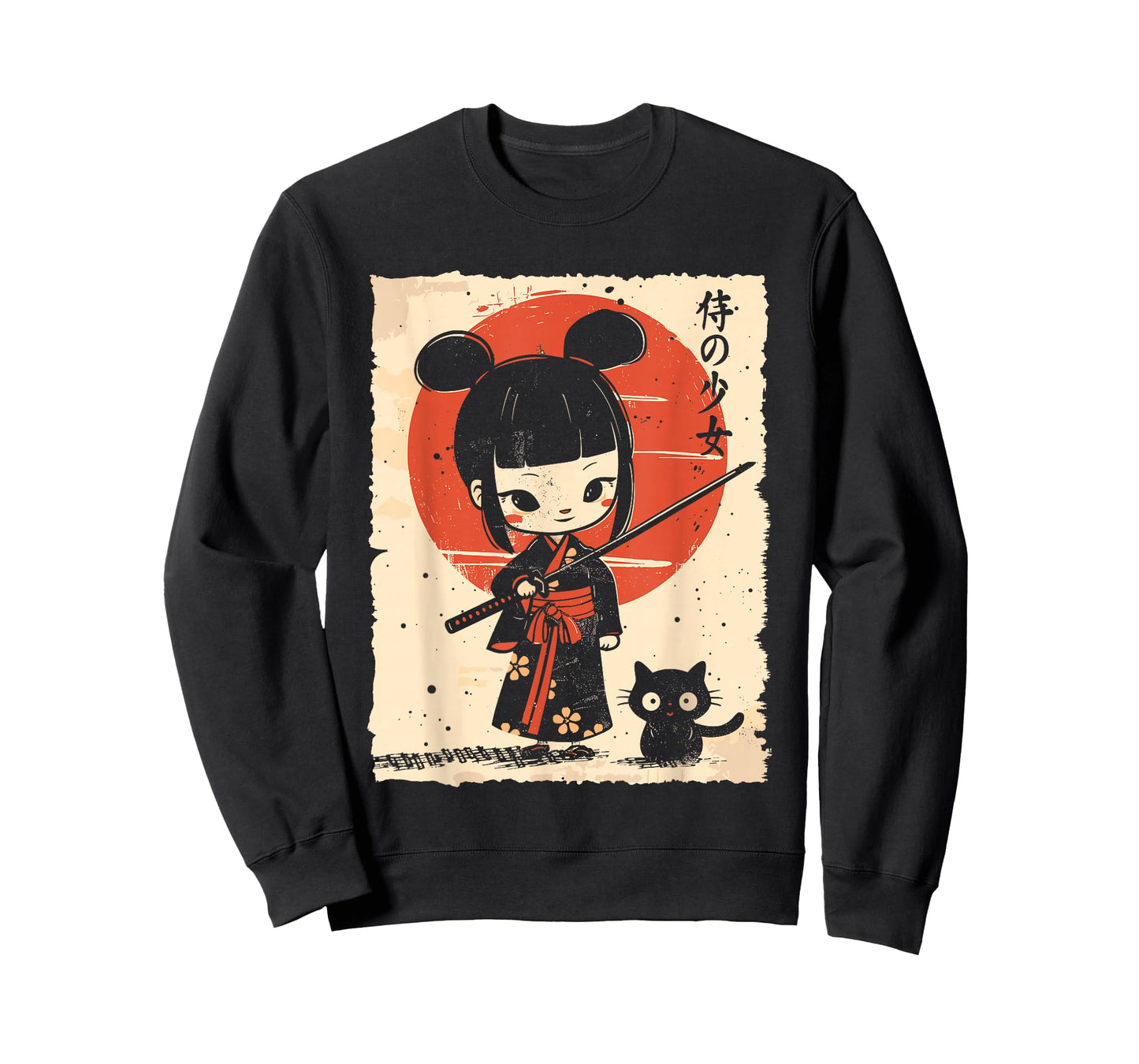 Cute Kawaii Samurai Girl with Katana & Cat Japanese Anime T-Shirt
