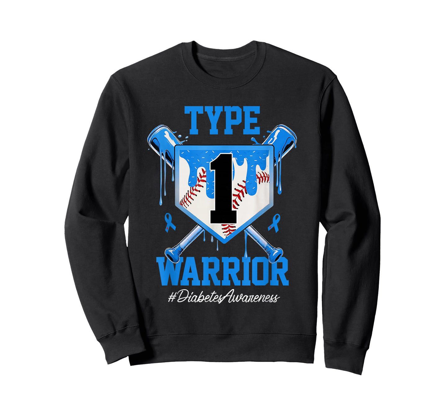 T1D Warrior Baseball Drip Diabetes Awareness Blue Ribbon T-Shirt